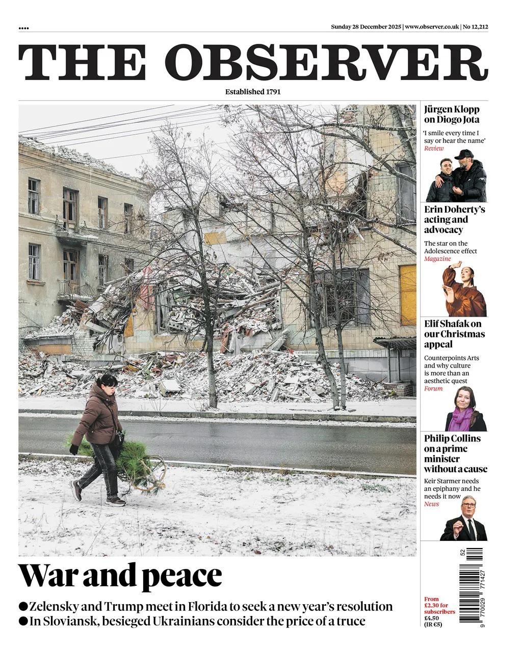 《观察家报》以乌克兰报道为头条，乌克兰总统弗拉基米尔·泽连斯基和美国总统唐纳德·