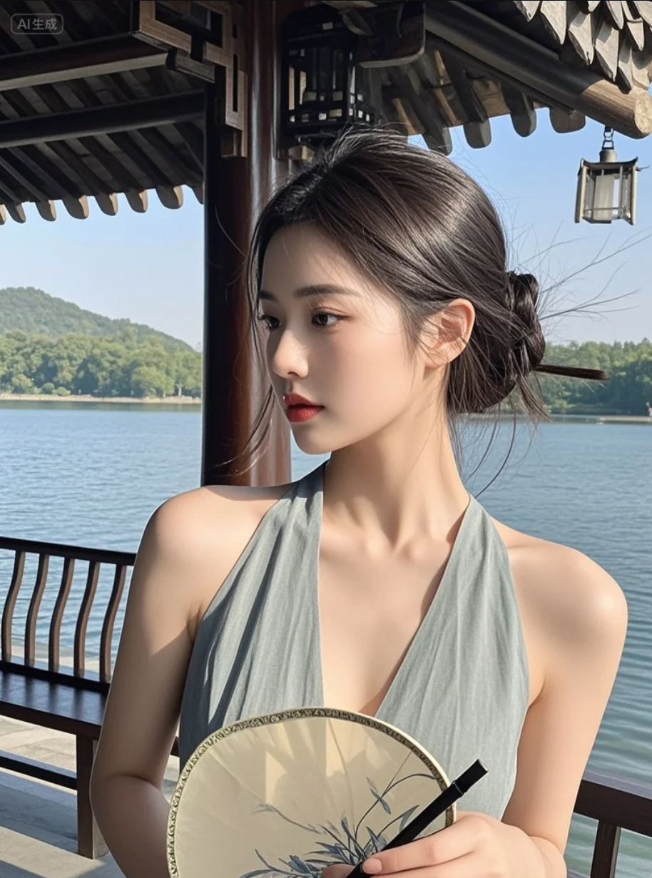 扇子一开，仿佛整个湖面都为你安静了