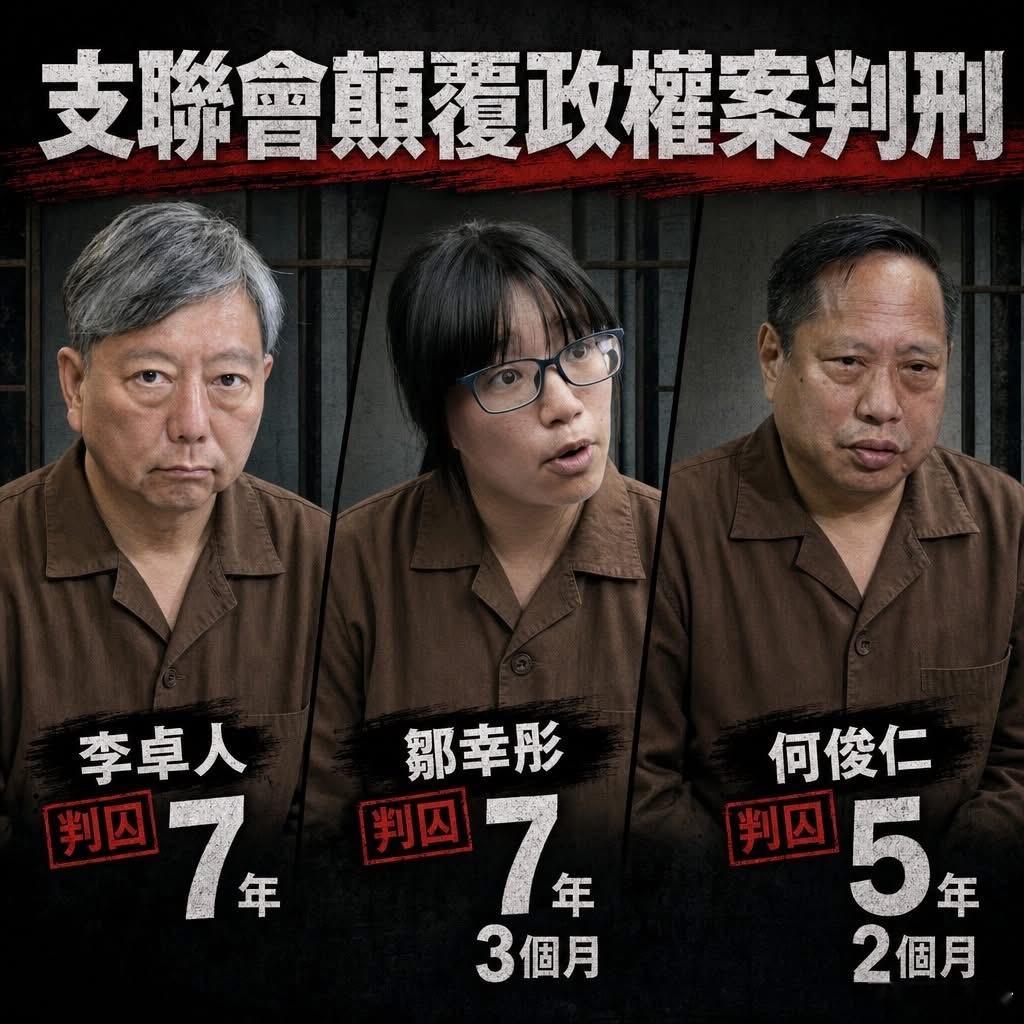 支联会案｜邹幸彤刑期最重囚七年三个月　李卓人判囚七年　何俊仁判囚五年两个月守护香