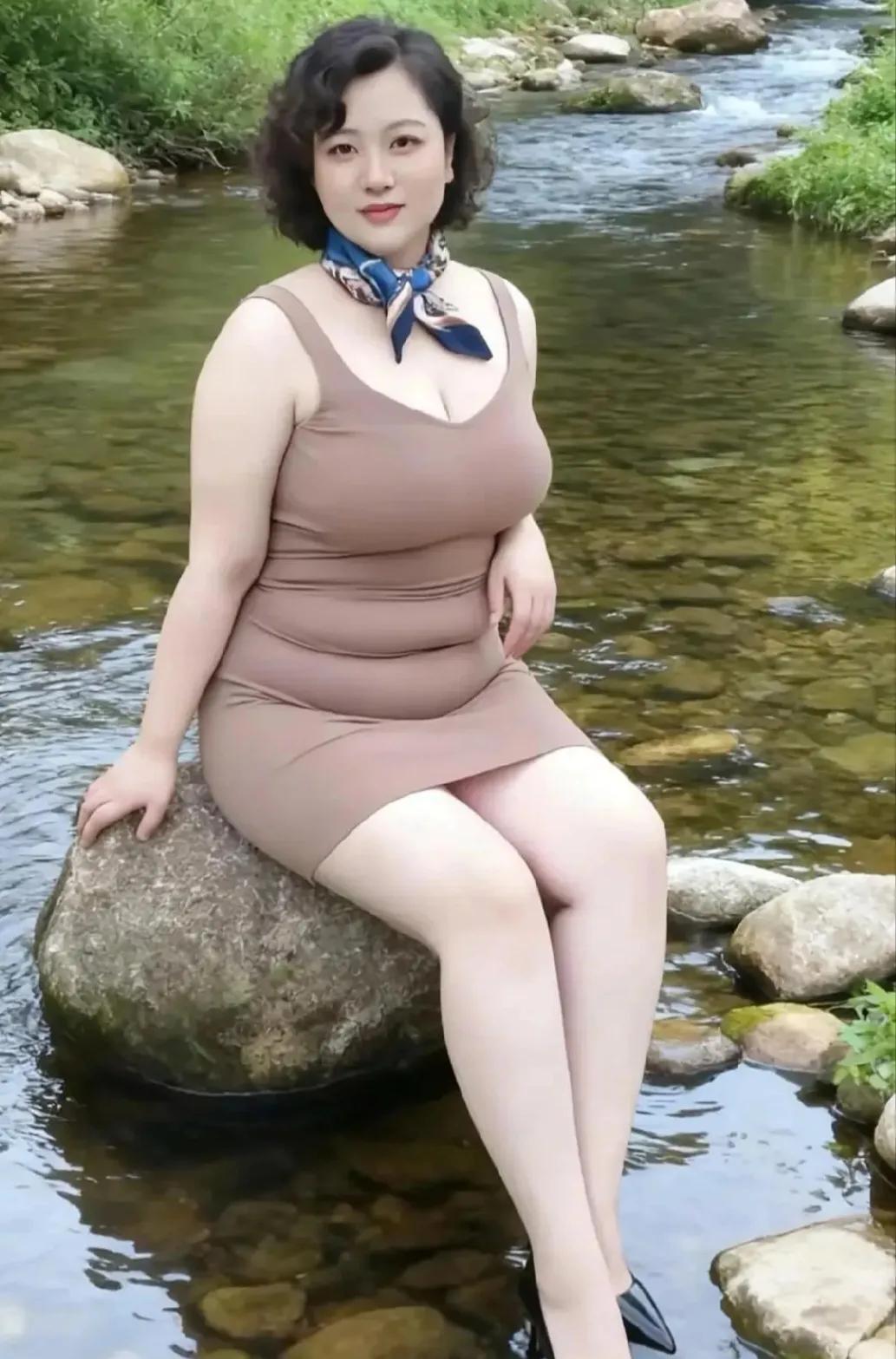 夏日闲坐溪中石缓流清尔映娇姿白臂玉腿显窈窕正是青春嫩苞时