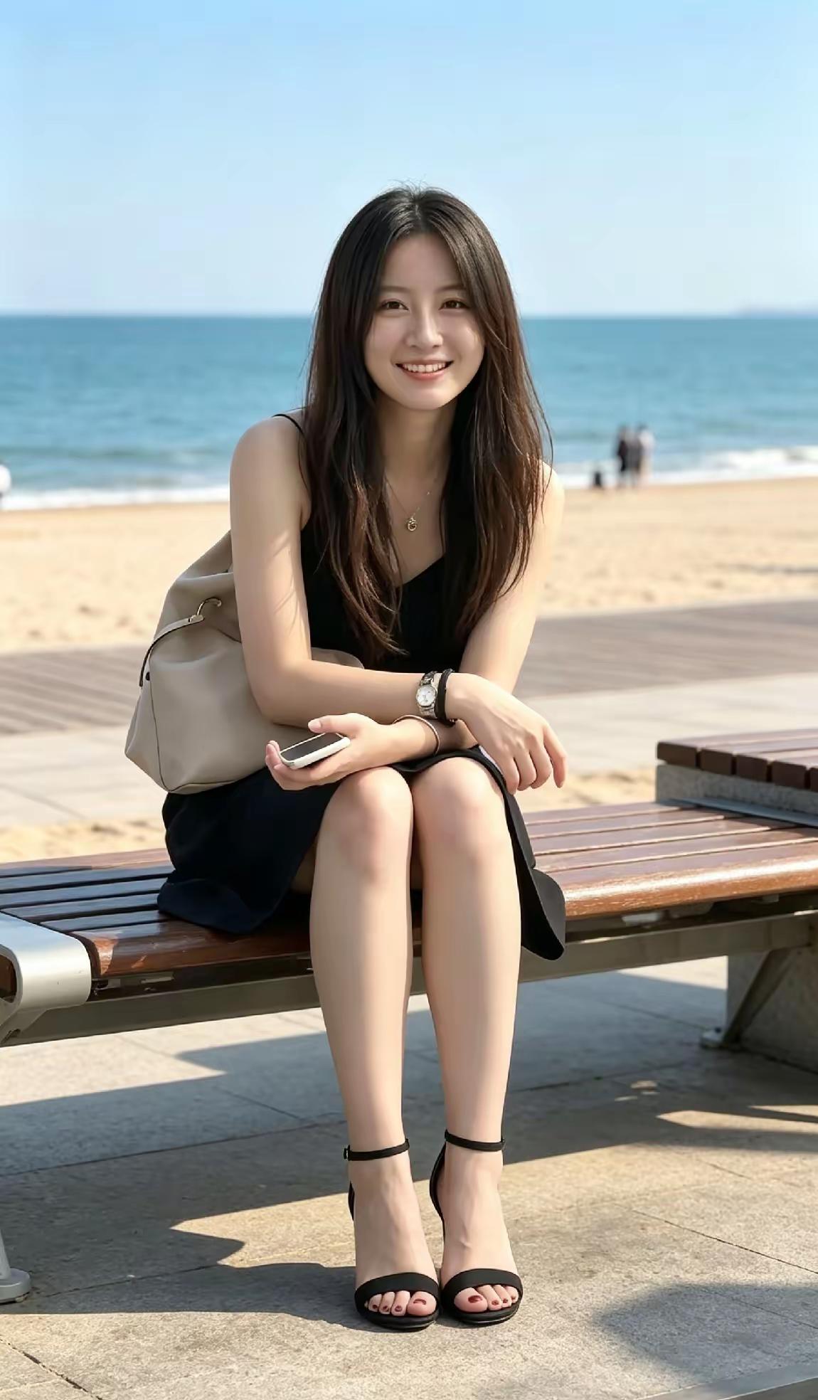 海边长椅上，美女在微笑。