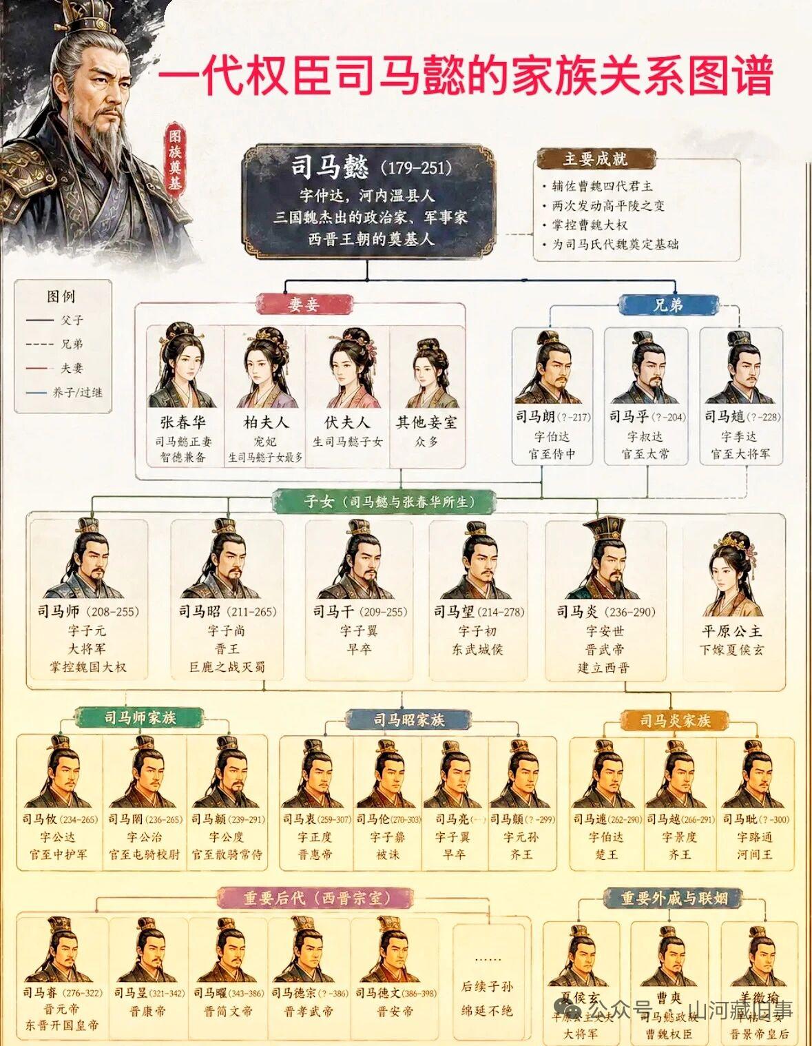 说起司马懿家族族谱，那可真是枝繁叶茂。司马懿本人是关键人物，他老爹是司马防，曾任