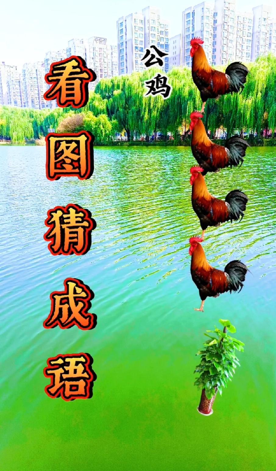 这看图猜成语绝了！4只公鸡+植物，我想破头没猜对，评论区有大神吗？