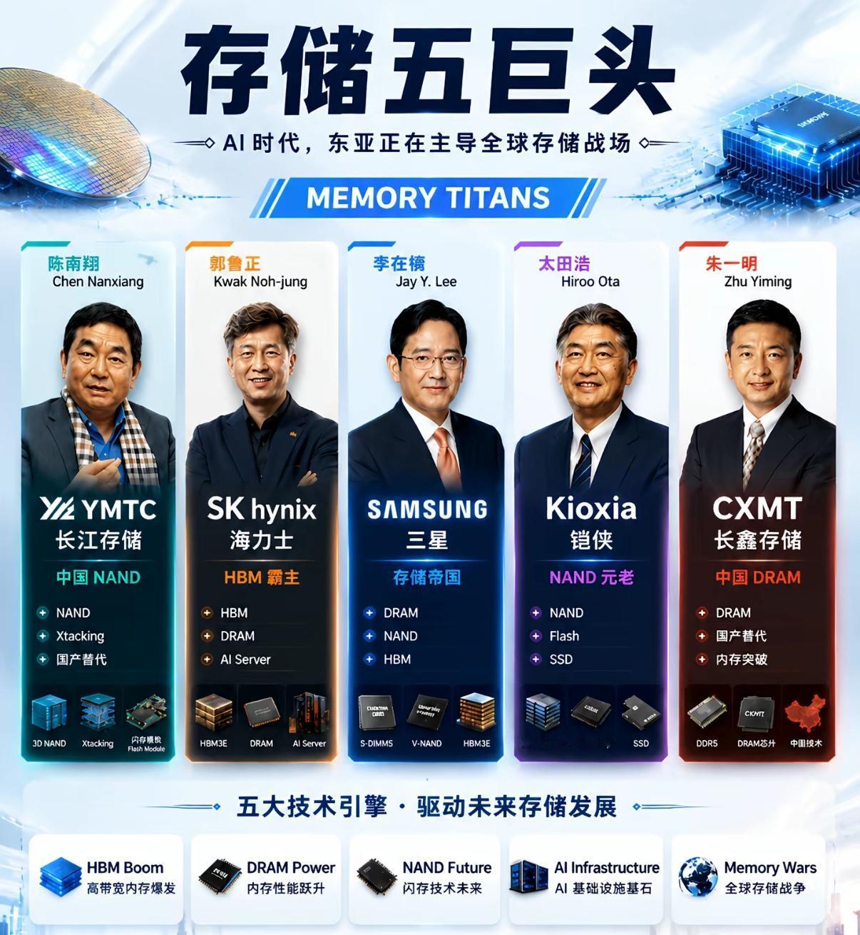 AI时代储存芯片主战场在东亚，由三星和SK海力士为首，铠侠（原东芝存储）、长江存