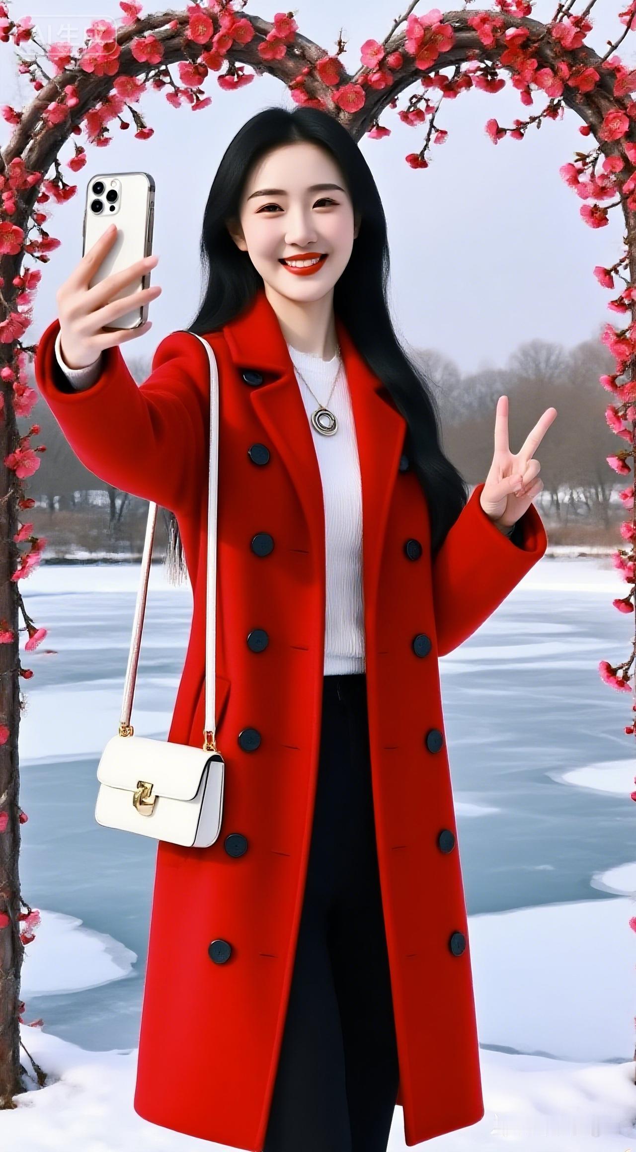 穿红色大衣的女孩在花架下自拍。