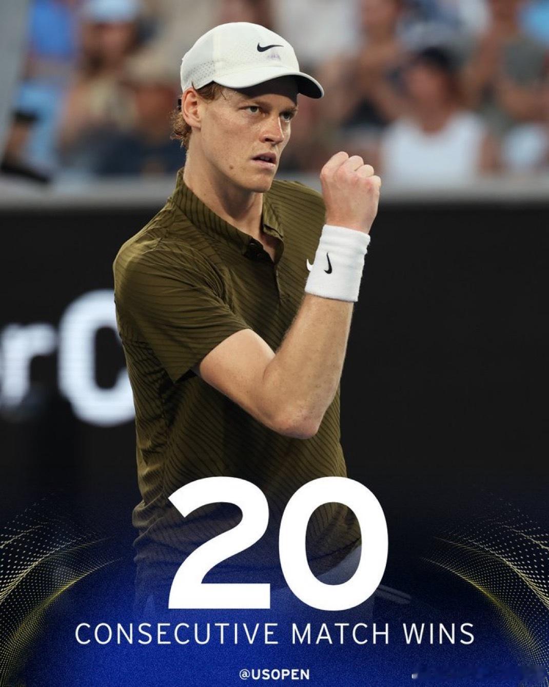 辛纳在澳网的连胜纪录位列历史第四！目前：德约科维奇-33阿加西-26德约