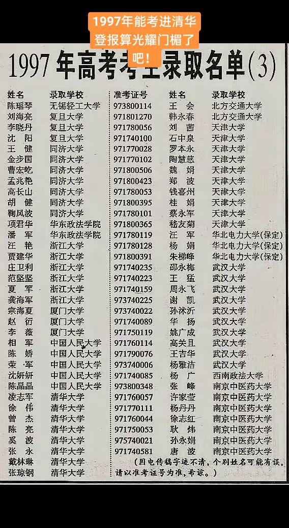 1997年能考进清华登报算光耀门楣了吧！
