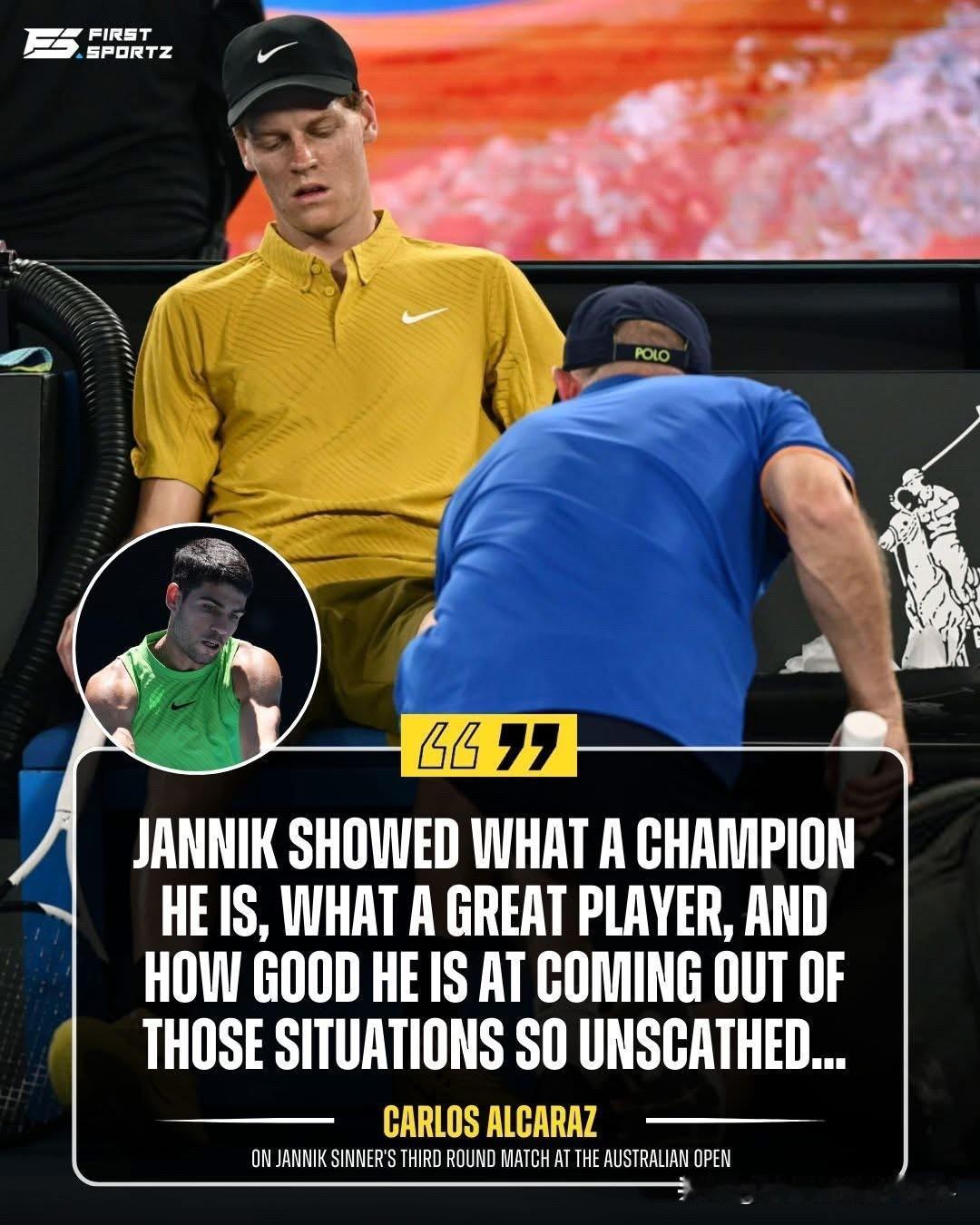 卡洛斯·阿尔卡拉斯就老对手扬尼克·辛纳在澳网第三轮比赛中顶着高温和抽筋的困扰艰难