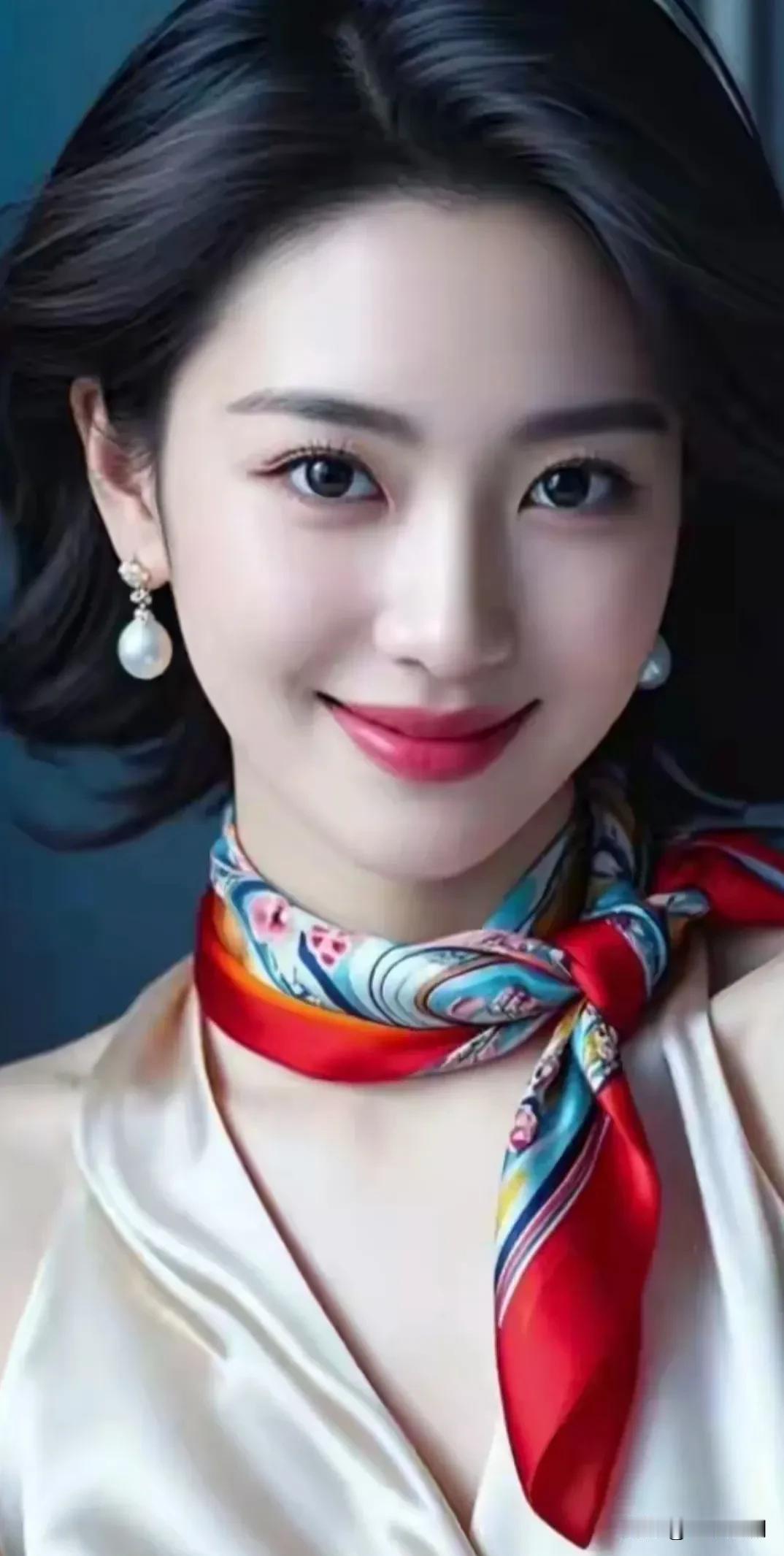 缎面裙裹着柔光，丝巾把彩纹系在颈间，珍珠耳坠轻晃时，笑涡里漫开的甜，恰好揉进了冷