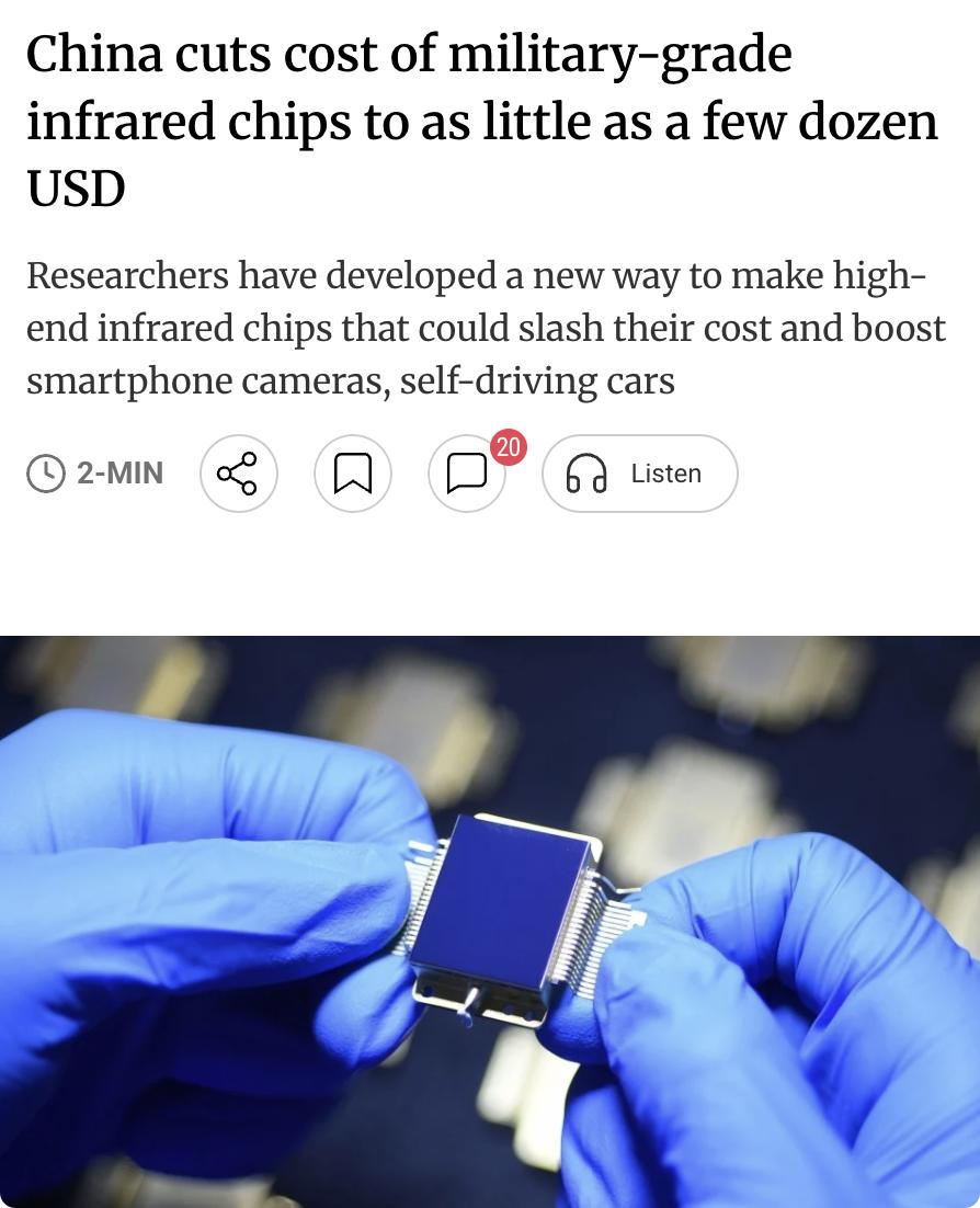 外媒：中国西安电子科技大学研究团队开发出一种新型高端红外芯片制造技术，可将原本数