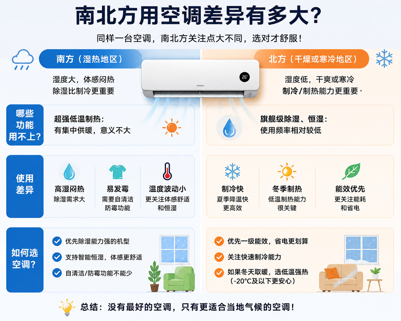 南北方用空调差异有多大同样一台空调，放在南北方，关注点真的不一样。南方：比起制冷