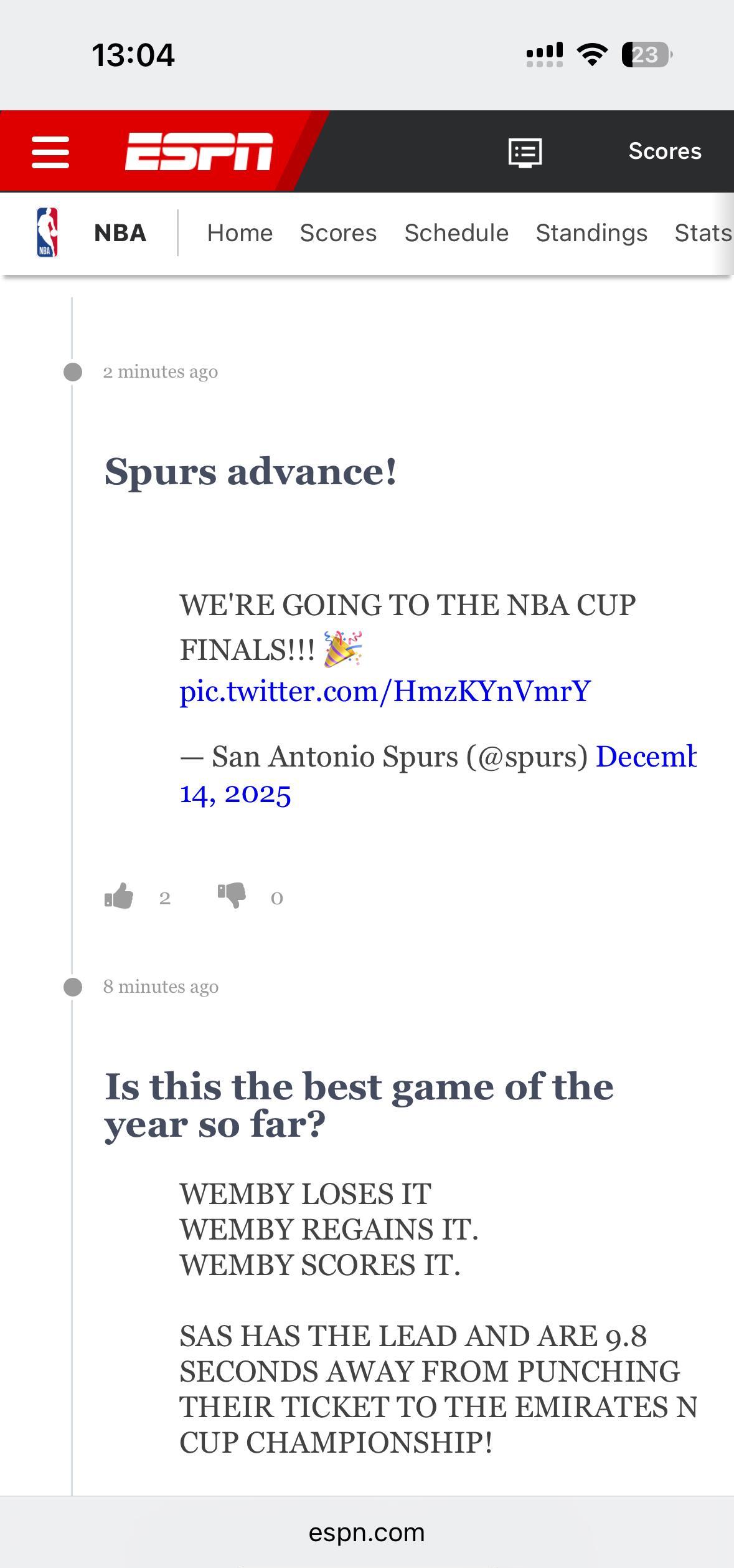 你们都说东部决赛等于总决预演。联盟第一的雷霆，刚被马刺在NBA杯半决赛掀翻。