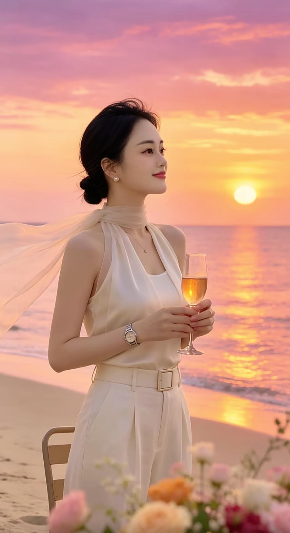 夕阳下的优雅时光，手持香槟，尽享海风轻拂的浪漫。