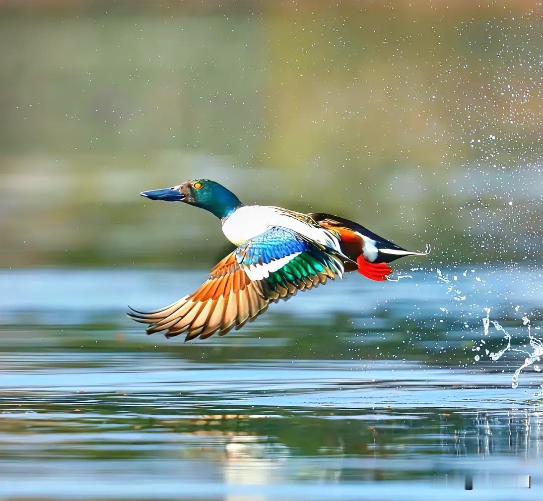 惊艳时刻！一只五彩斑斓的野鸭于水面优雅滑翔，宛如在空中翩翩起舞。野鸭芦苇荡野鸭