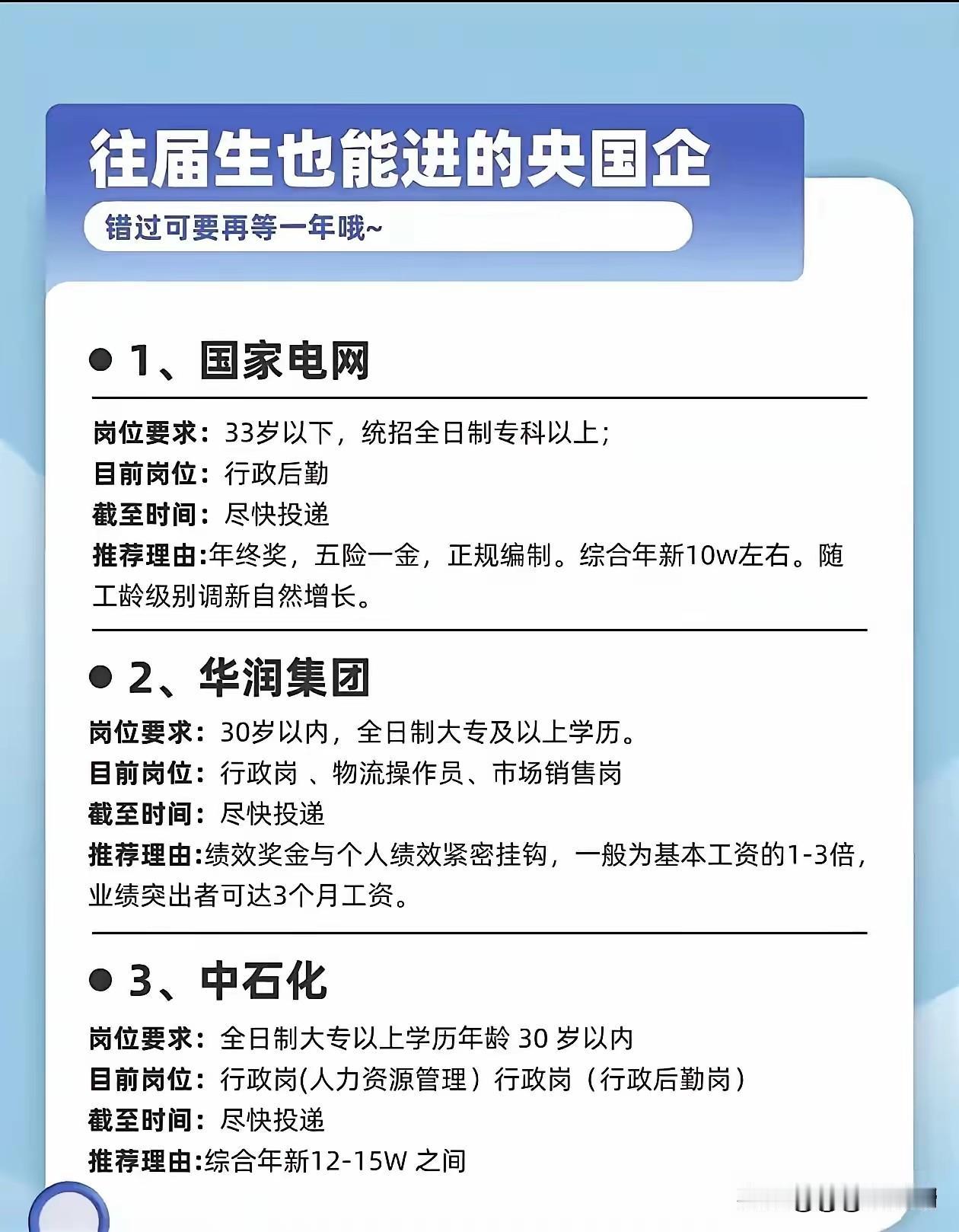 好机会来了！往届生能报的3家国央企，岗位薪资和推荐理由揭秘！快来围观揭秘详细内容
