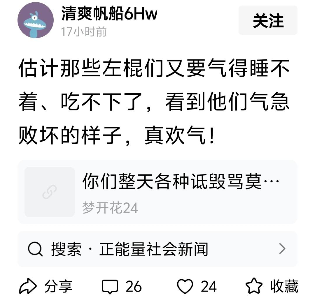 “估计那些左棍们又要气得睡不着、吃不下了，看到他们气急败坏的样子，真欢气”回：