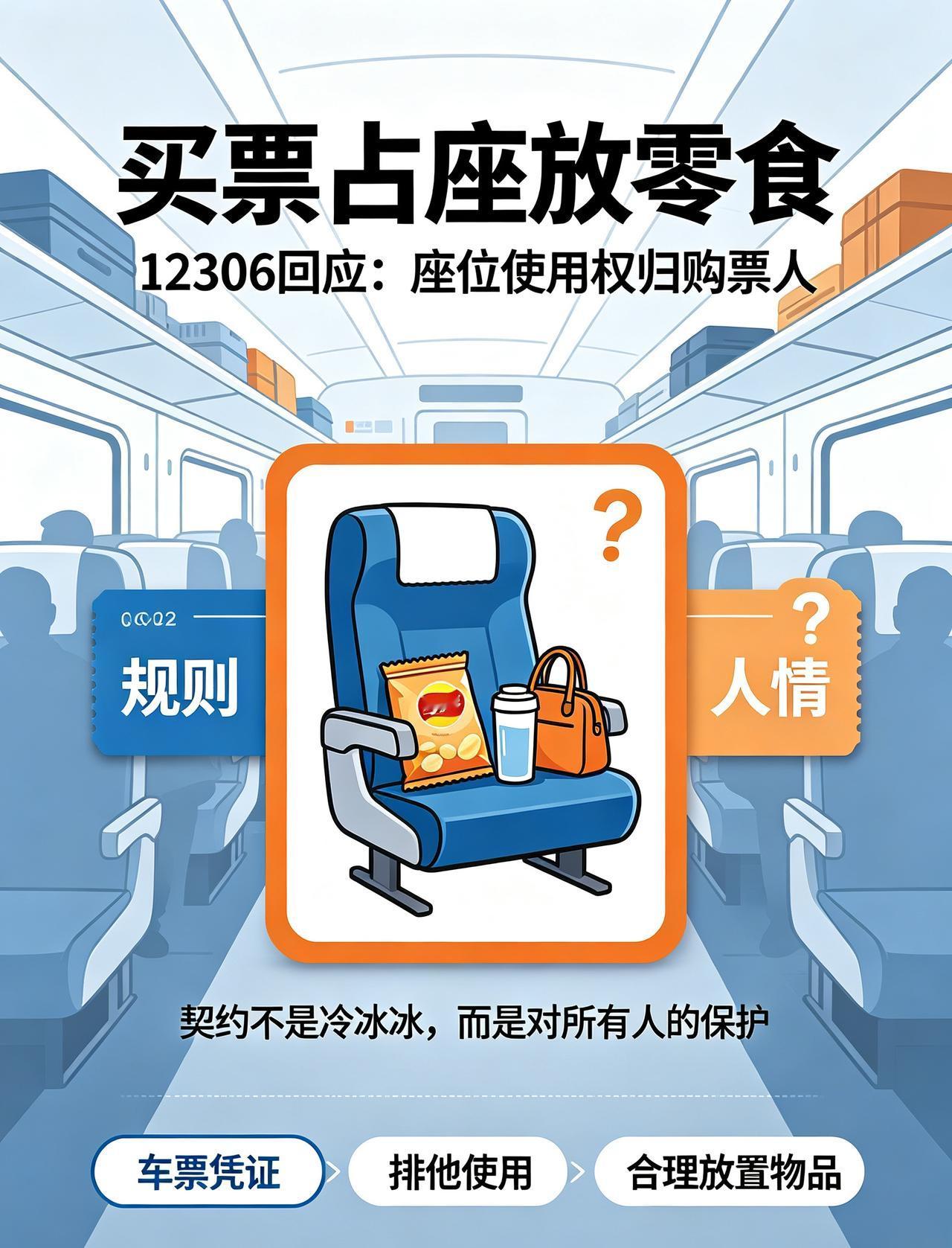 买票占座放零食，别人能不能坐？12306这次回应得很干脆：座位使用权归购票人。