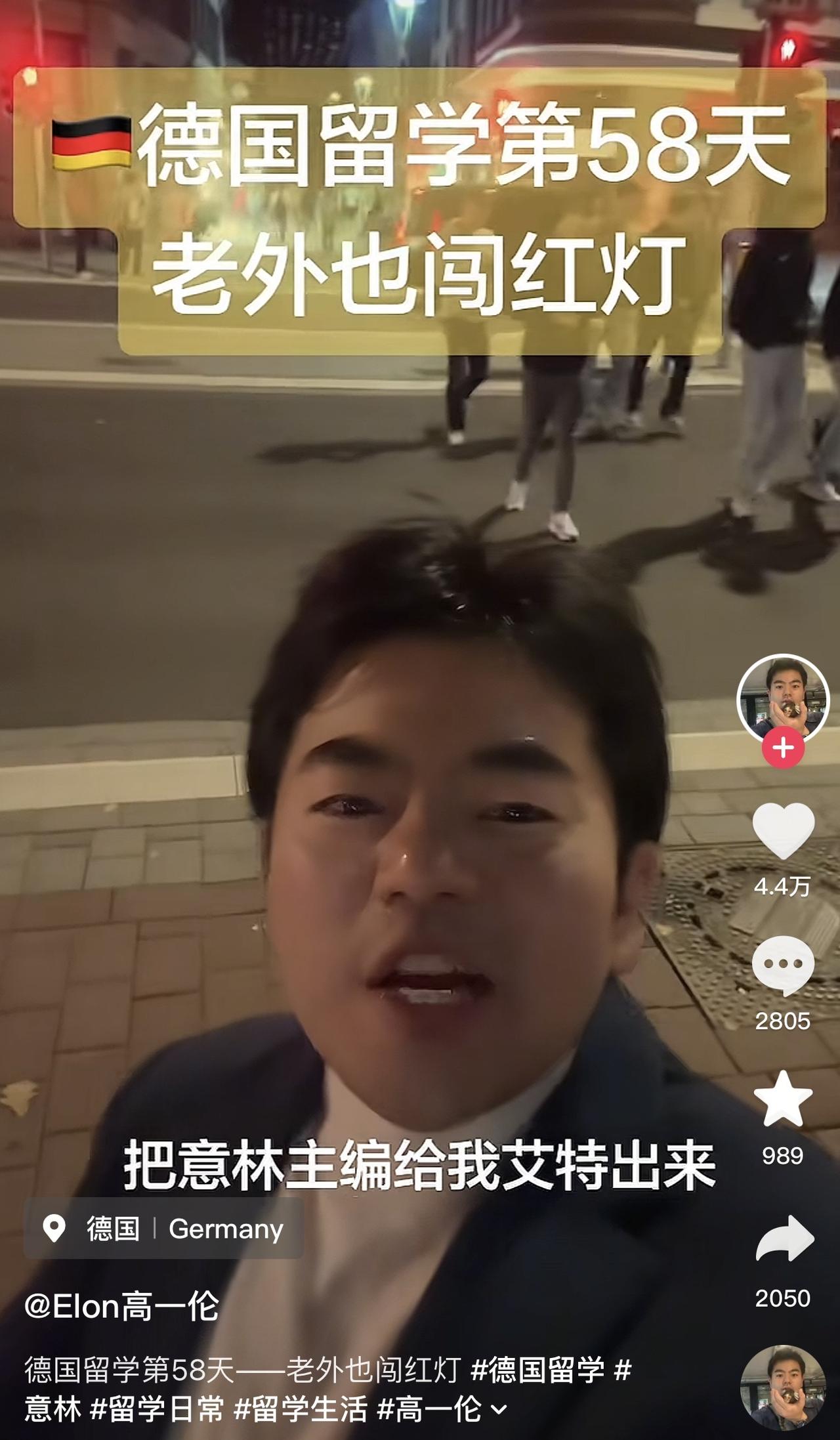 “把意林主编给我艾特出来，谁说老外不闯红灯的！”这位网友来到德国之后，在街头看