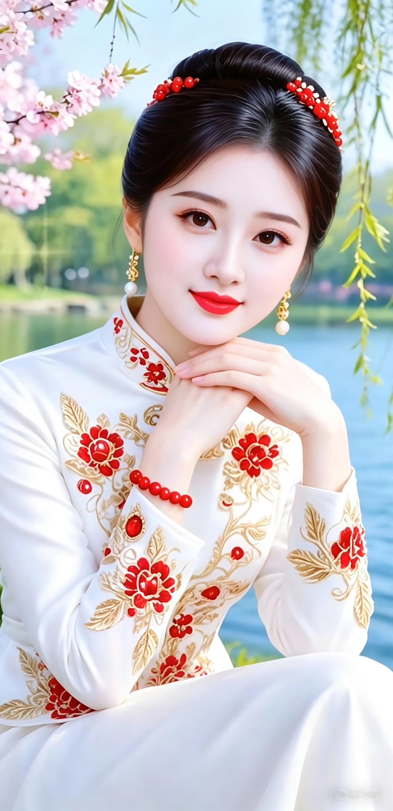 湖边杨柳青青，桃花盛开。姑娘穿着带红花刺绣的白色旗袍，头上戴着红色珠饰，耳坠珍珠
