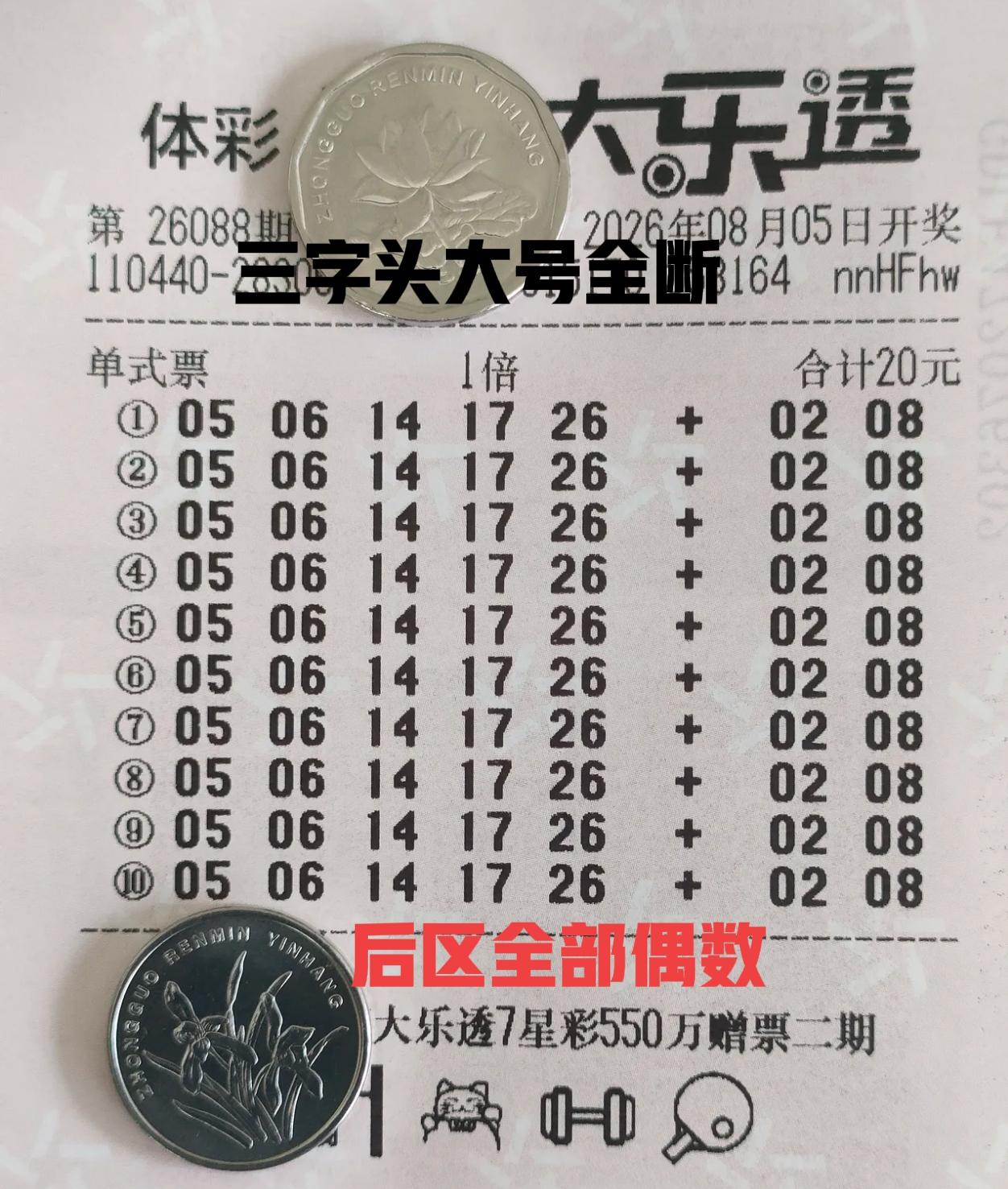 一位彩友打了一张10注一模一样的号码，三字头大号全断，后区全偶数，还有一位才有打