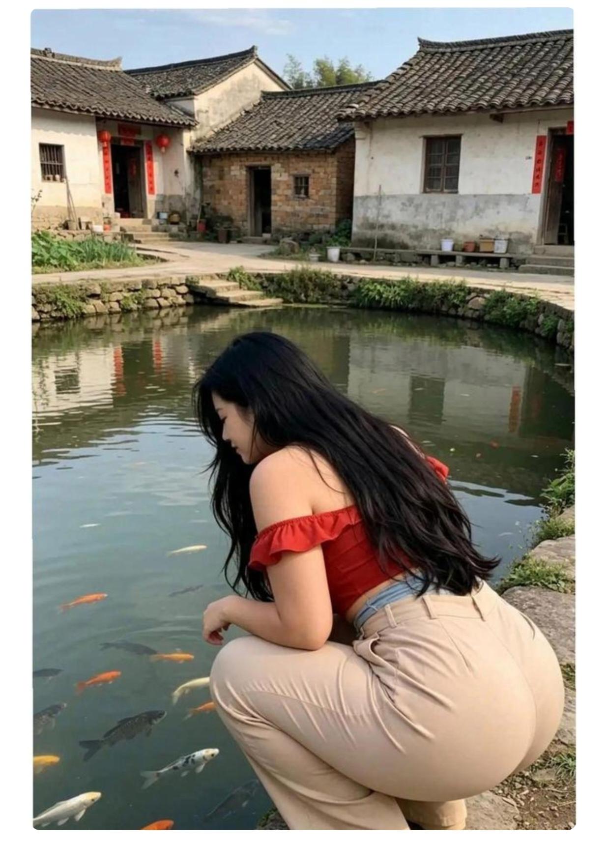 无题别墅风光，院落一边有水池，水池里面有小鱼。鱼儿水中来回游。景