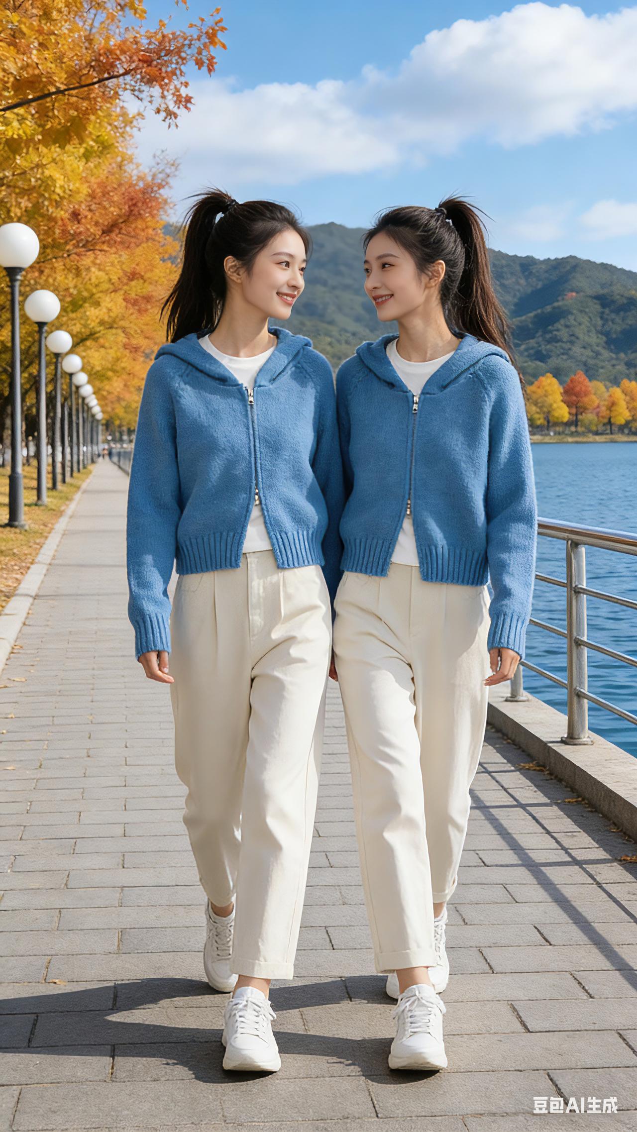 秋岸双影风把湖岸的秋意揉成了暖香，漫过青石板路，也漫过她们并肩的脚步。