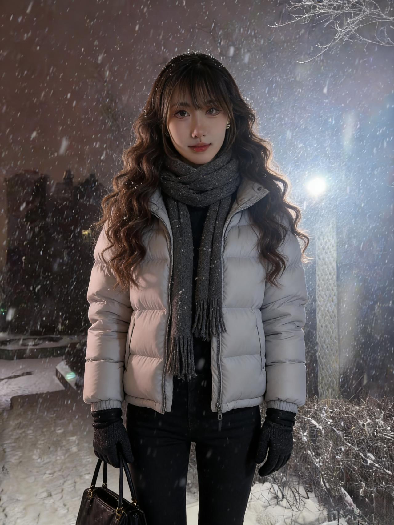 雪苑琼枝绕，高楼隐暮苍。卷发堆云暖，羽衣衬月凉。围巾遮浅笑，手套挽清霜。缓