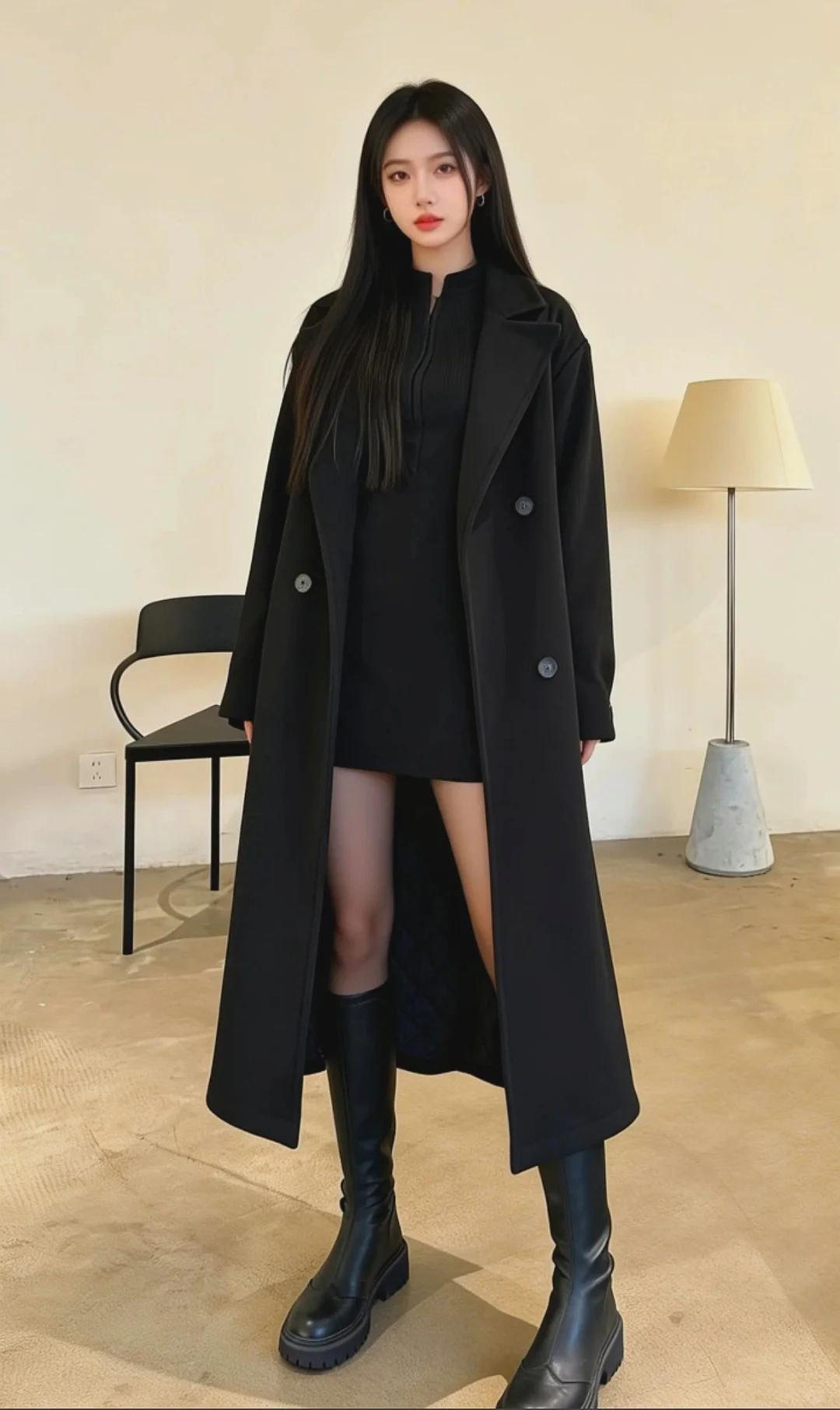 长款黑大衣自带走路带风的高级感内搭针织裙+黑丝长靴，又酷又撩小个子也能穿出1