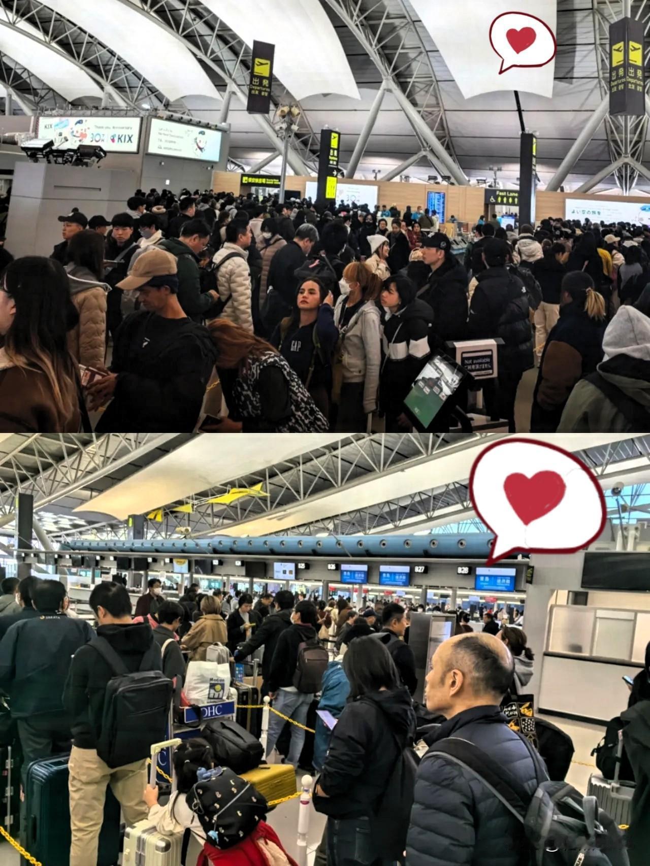 这下可好，之前非要去日本的那批人，如今想回来难上加难。日本关西机场人山人海，排