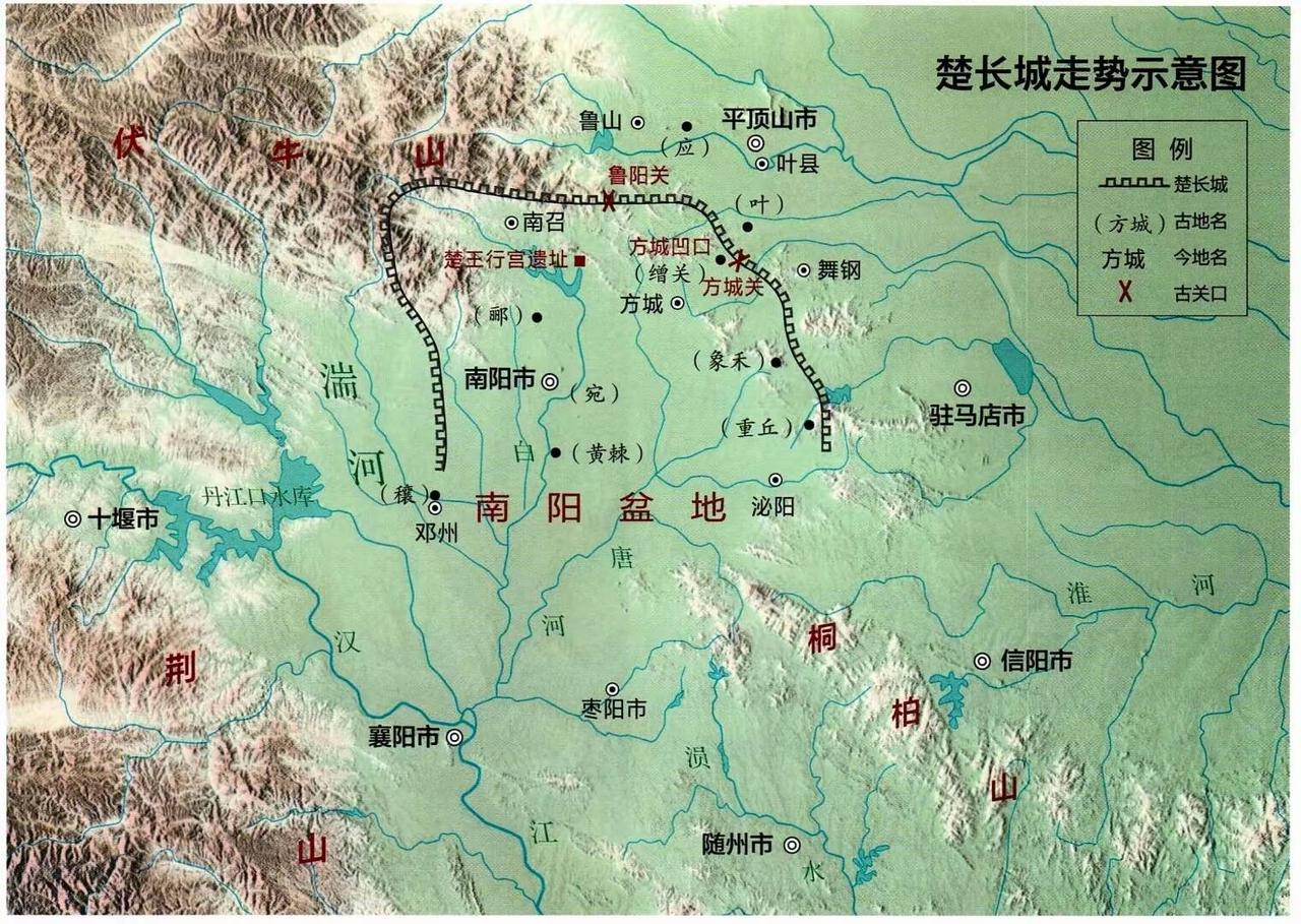 河南省南阳市境内的“楚长城”走向示意图。南阳楚长城为楚国北部屏障，西倚伏牛山，东