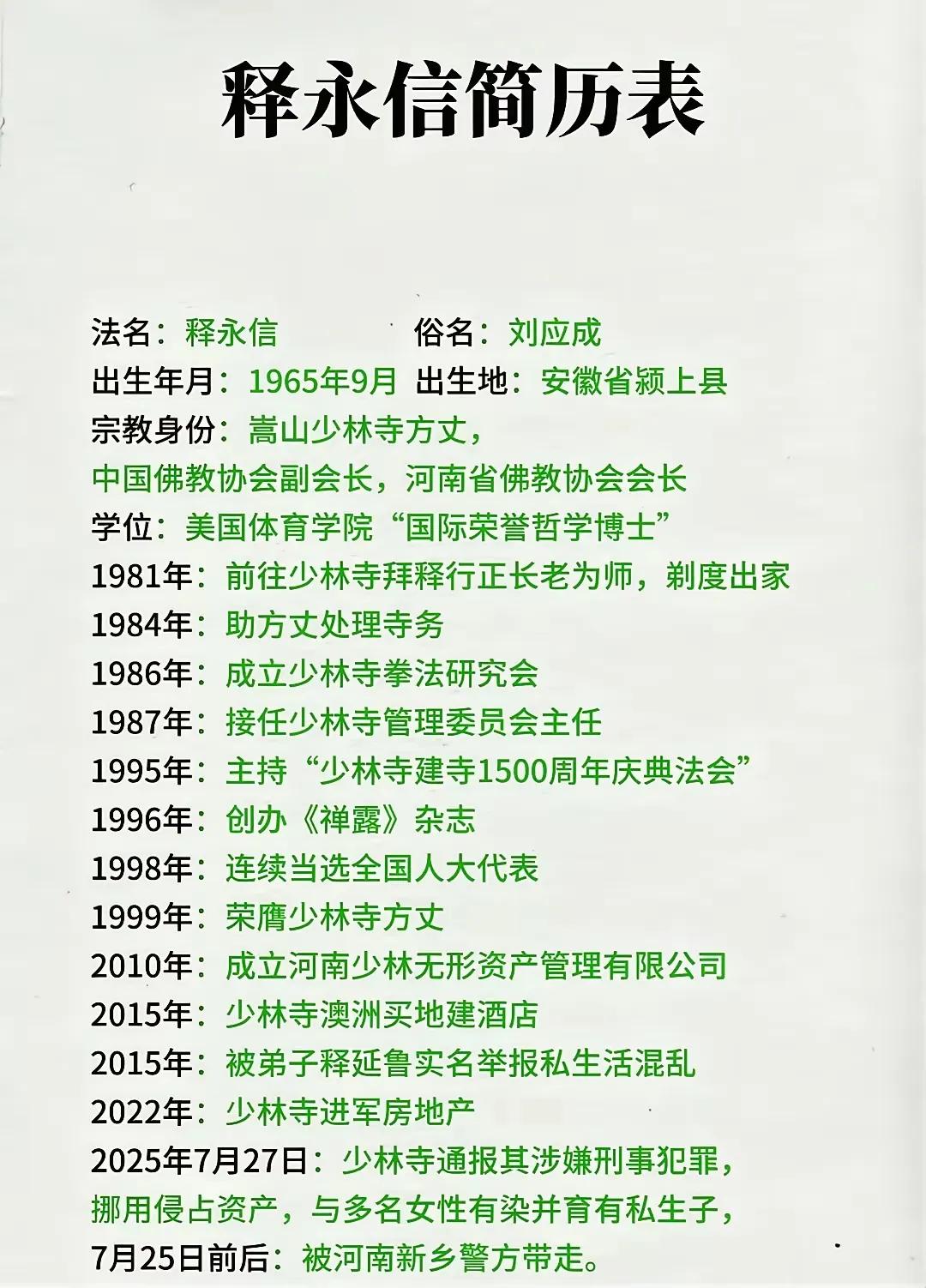 为啥释延鲁在2015年实名举报释永信不成功呢？下图是释永信的简历，我们可以看