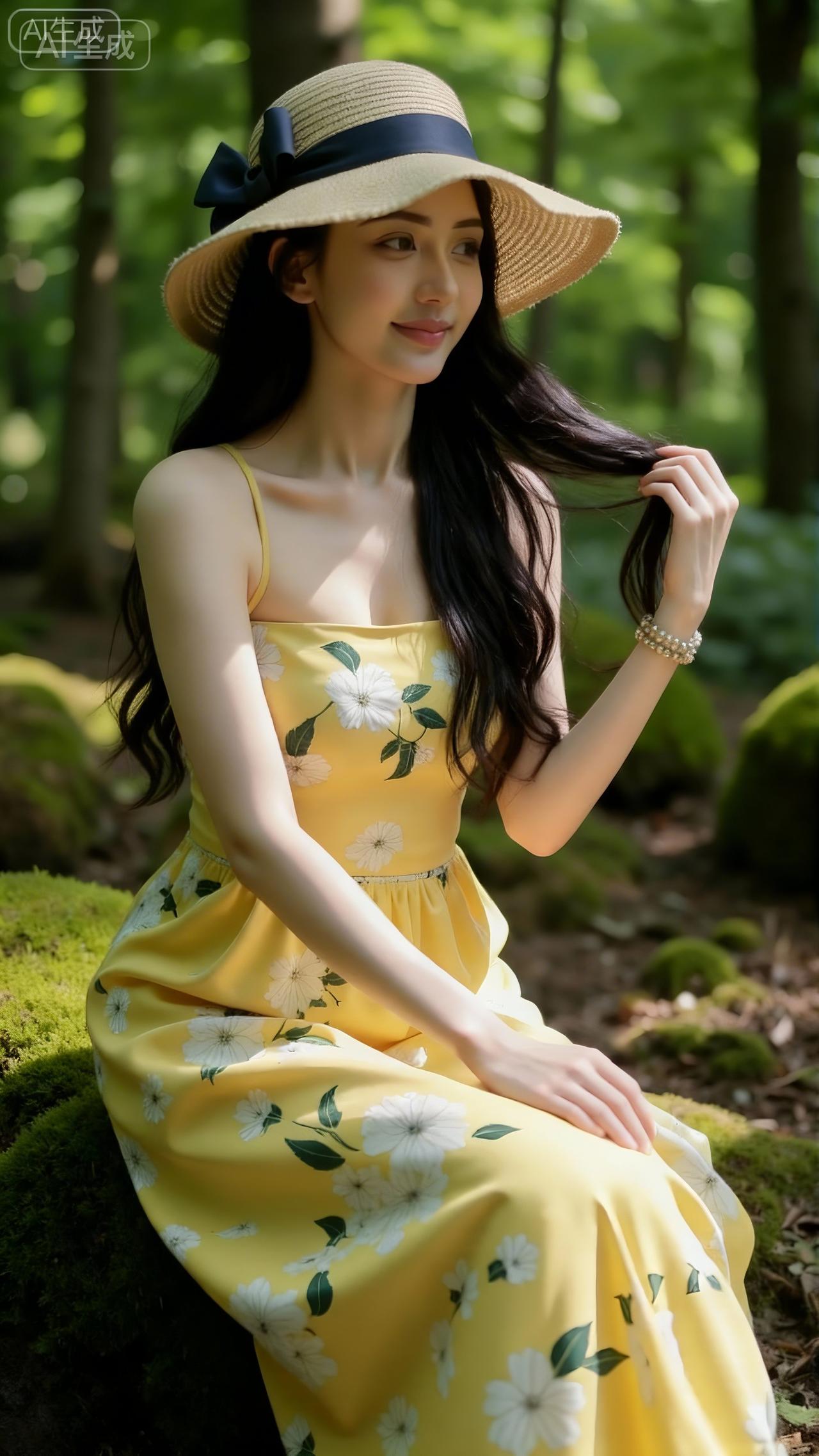 林隙漏下的光，裹了黄裙的花甜，草帽檐晃过苔藓的软。连风都浸着森野的柔。森系花裙