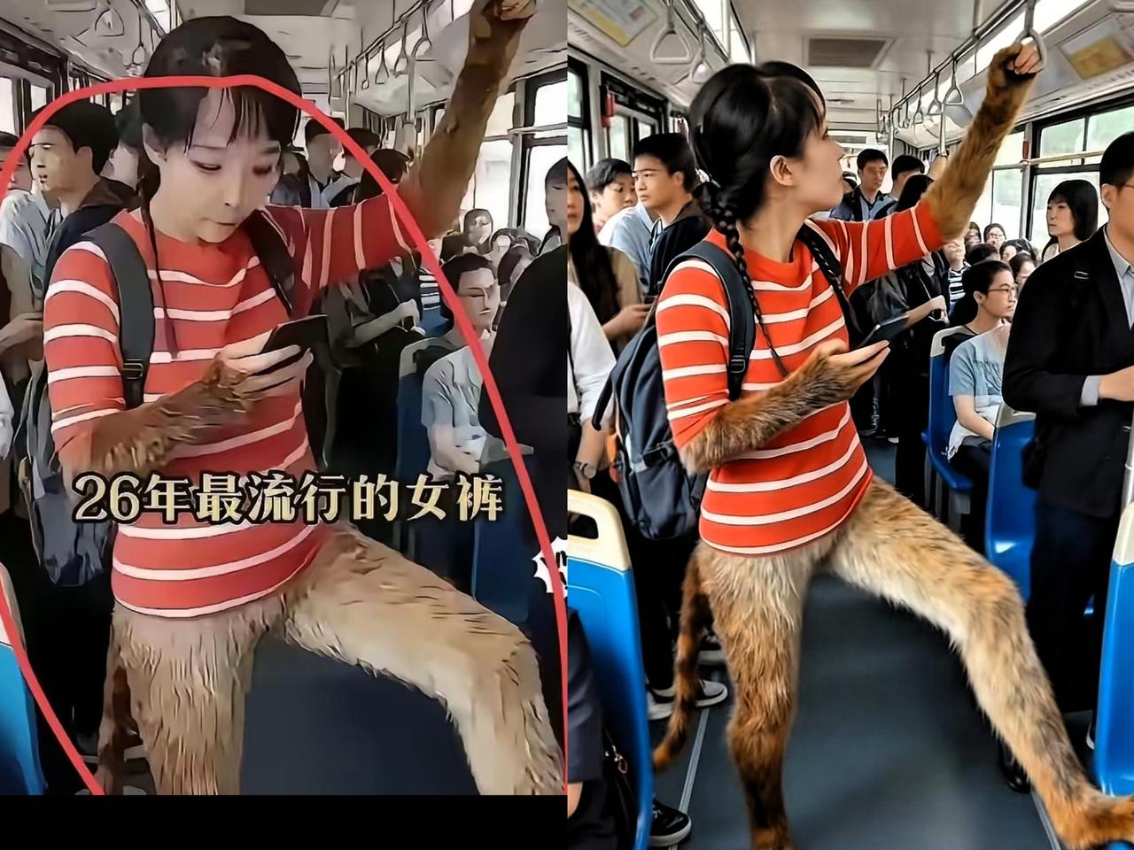 西安公交惊现“兽腿美女”！清秀脸蛋配毛茸茸仿真裤，逼真到整车人看呆，还以为特