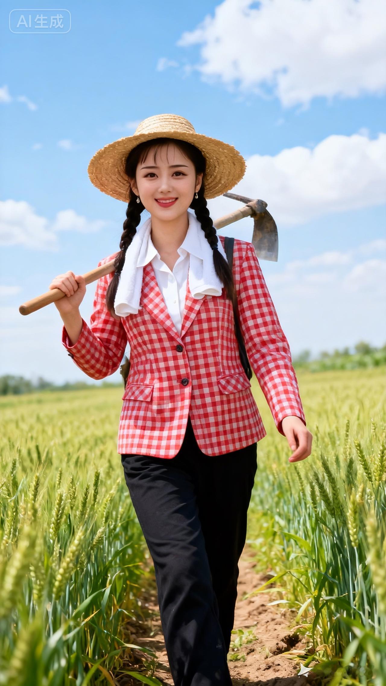 田园少女漫步在麦田，红格子衬衫与草帽相得益彰，阳光洒满笑容。