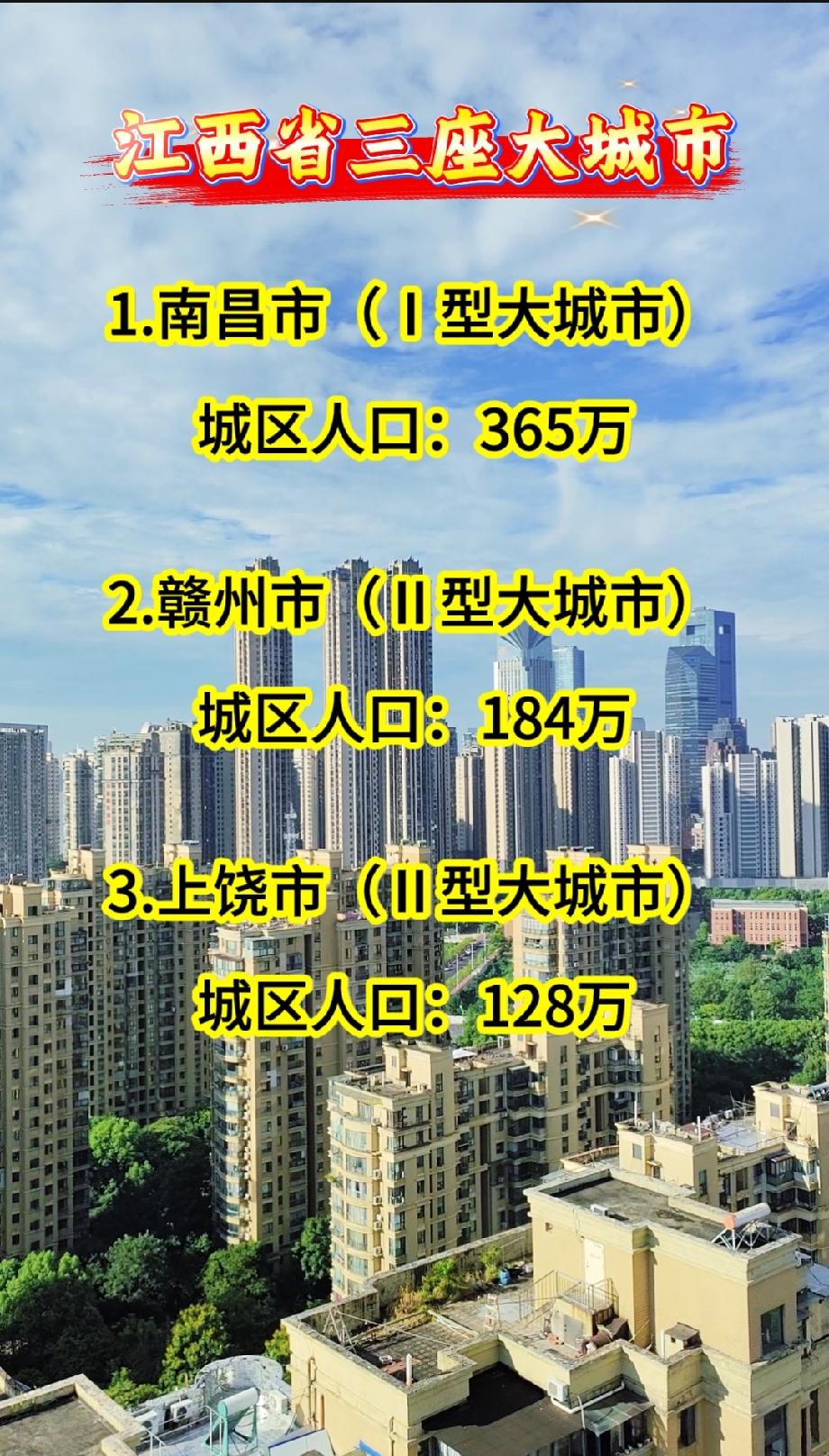 江西省三座大城市1.南昌市（Ⅰ型大城市）城区人口：365万2.赣州市（