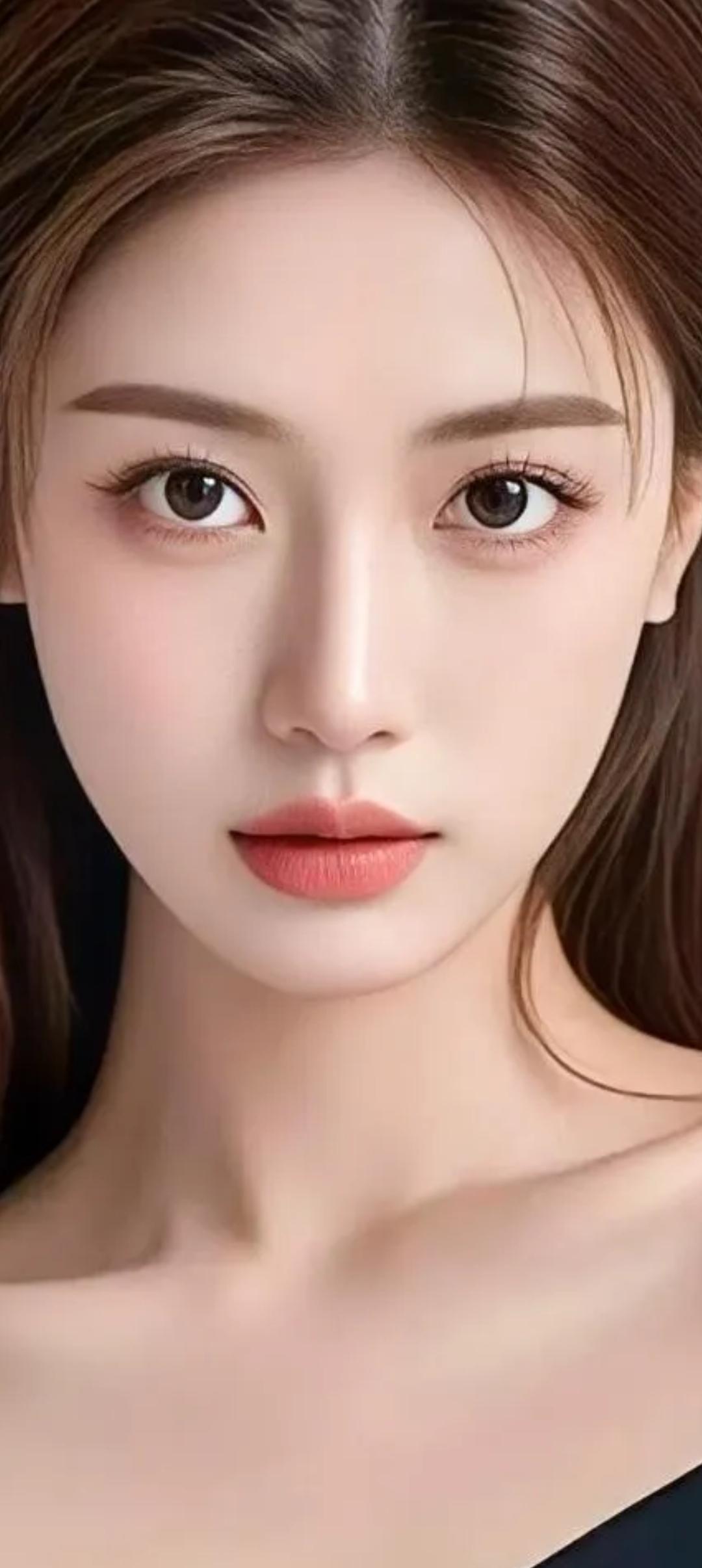 温柔甜美的少女，白皙肌肤，大眼睛，红唇，自然妆容，清新自然。