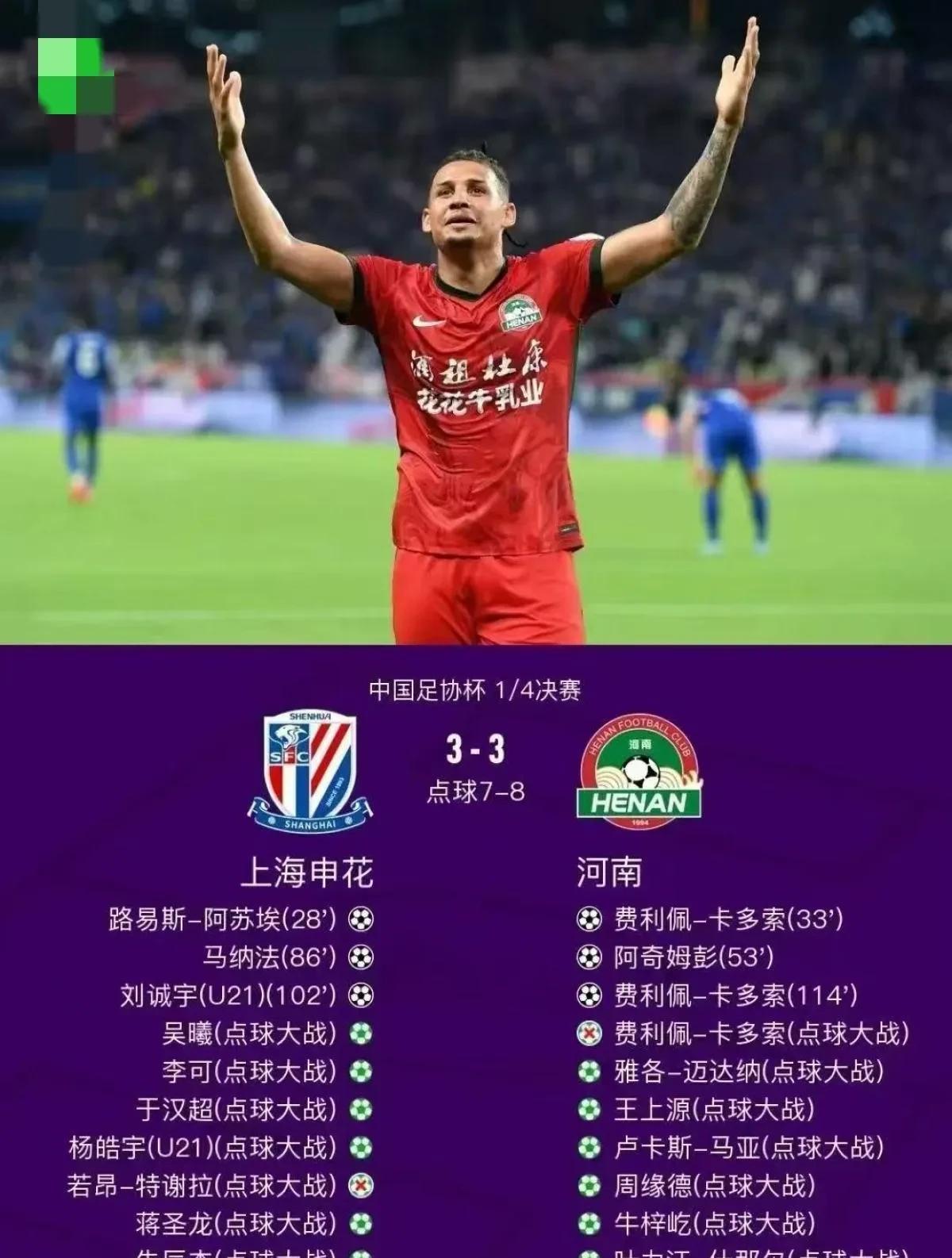 120分钟的3：3先绝平对手后被对手绝平，再经过10轮点球大战上海申花最终在主场