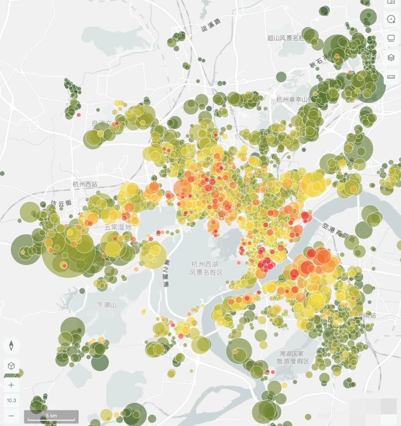 杭州真正的富人区❗️一目了然❗️颜色红→绿：房价高→低