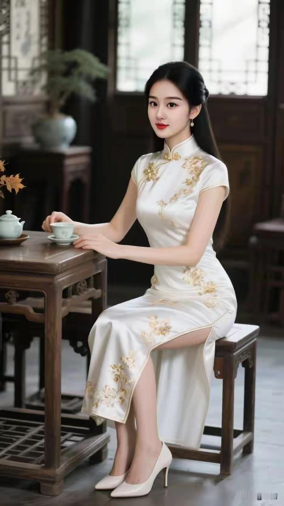 一袭白色旗袍，酿尽东方温婉。当象牙白，真丝旗袍金绣枝莲，衣摆蜿蜒，东方女