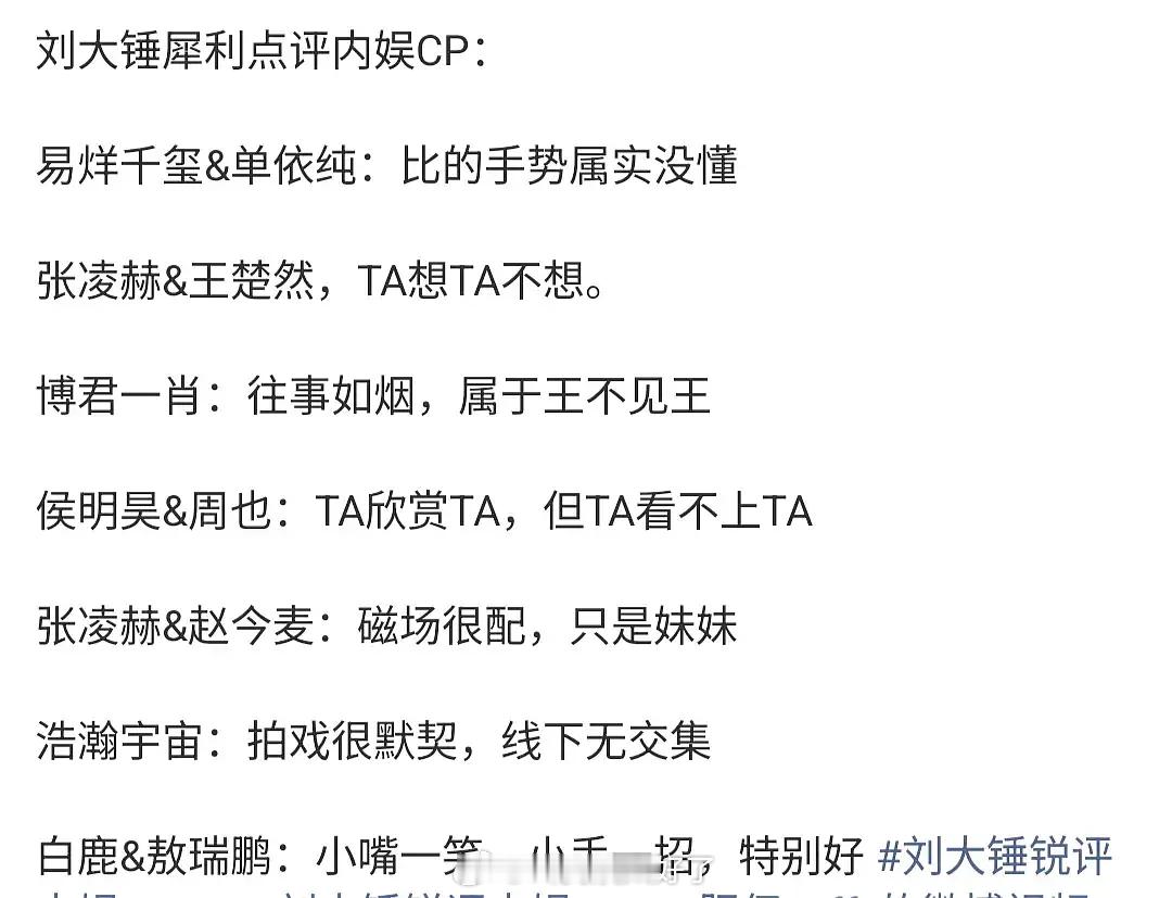 刘大锤锐评的内娱CP纯享版，怎么都是假的！刘大锤说拍汪苏泷很长时间了