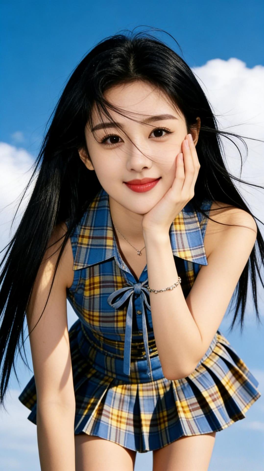 元气少女，蓝黄格子裙，微笑面对阳光☀️💕