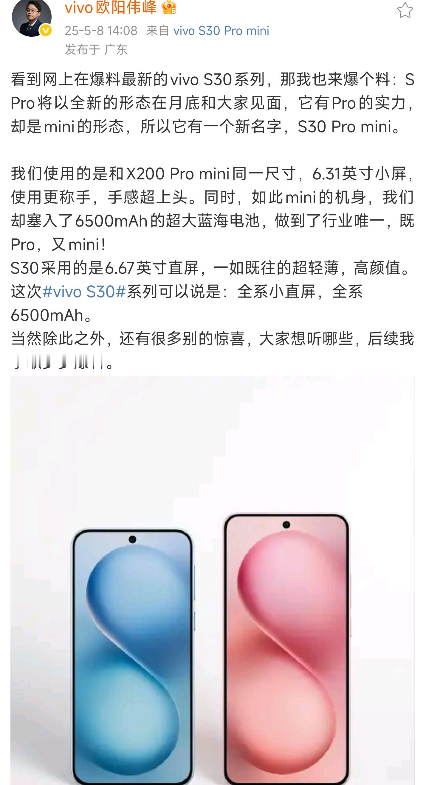 这波操作如果，vivoS30Promini做成大杯小屏，vivoS30小杯大
