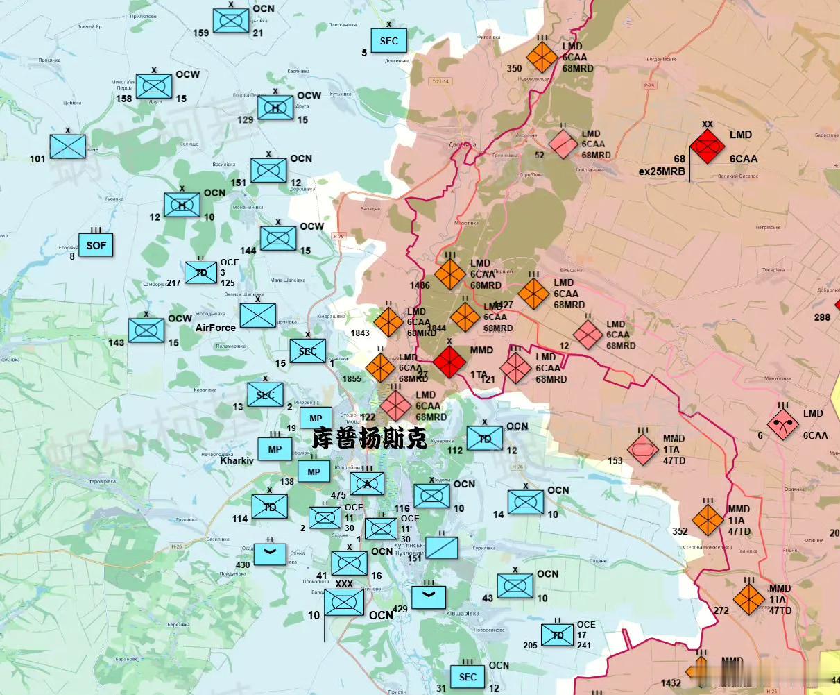 库皮扬斯克俄乌双方的兵力对比，显然乌军在投入重兵之后，占有明显的优势；而俄军主要