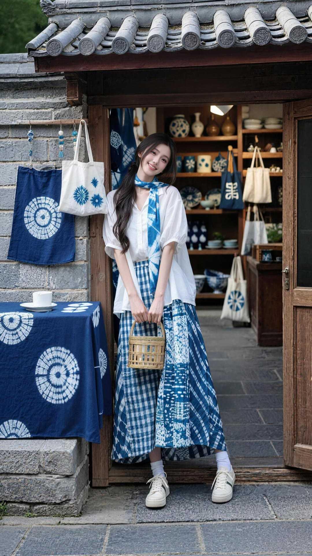 职场女性穿什么裙子好看?蓝白扎染半裙，适配职场与日常。宽松白衬衫外搭，清爽透气。