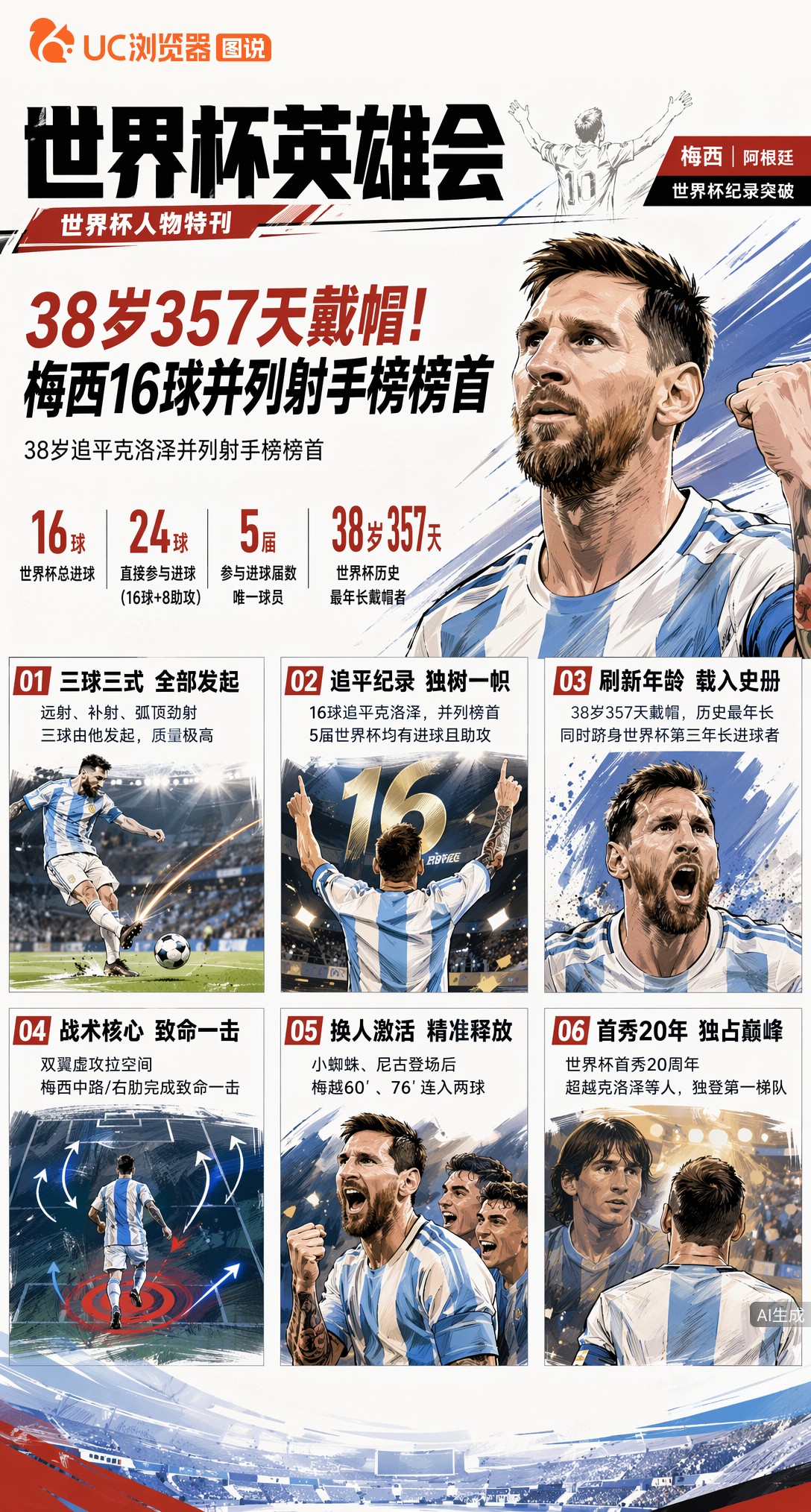 38岁357天世界杯戴帽！梅西16球并列历史射手榜榜首