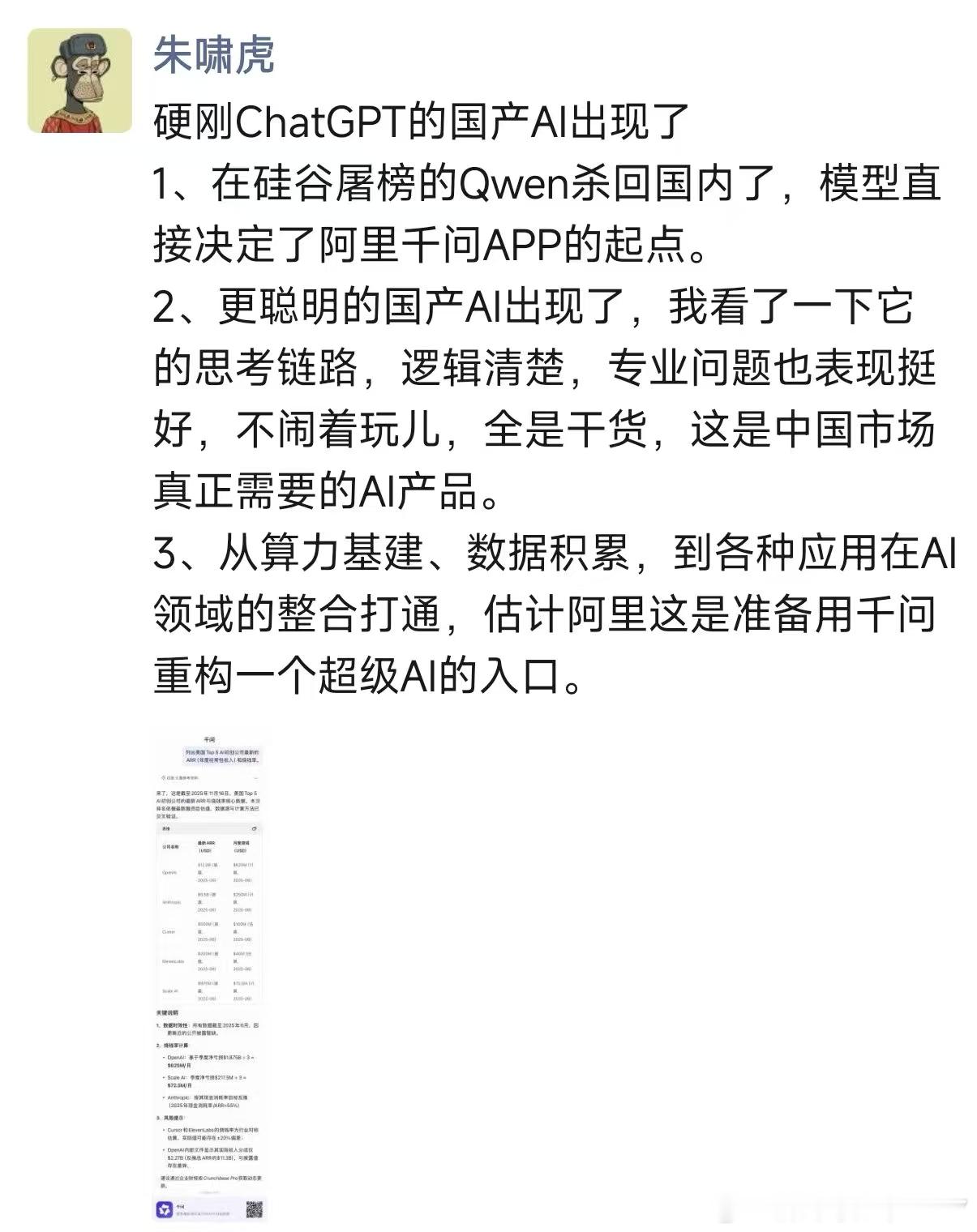 朱啸虎猛夸阿里千问