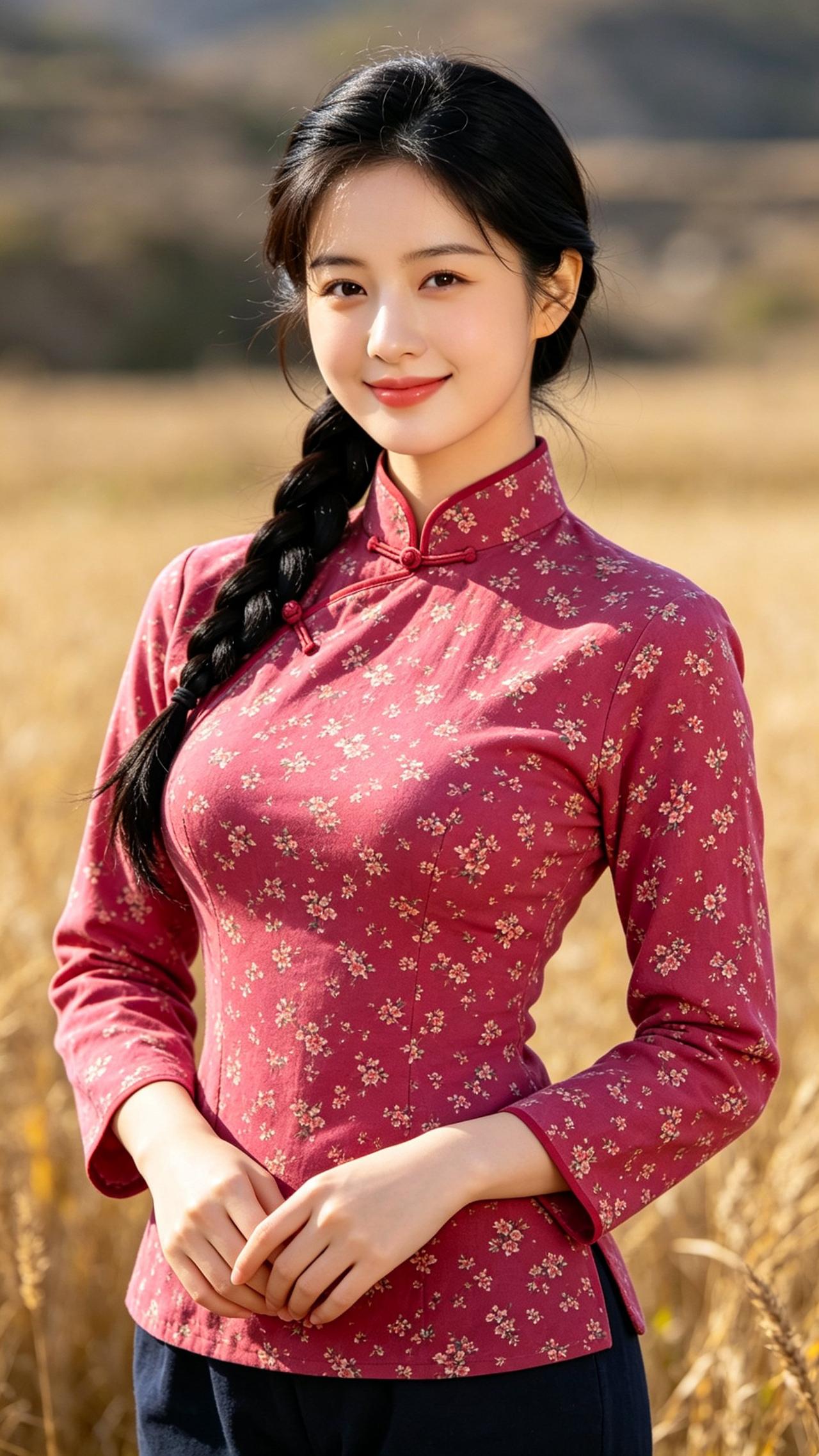 红衣美人立田间，笑靥如花映日辉。红装美人照红衫美人山间红裙田野里的红裙