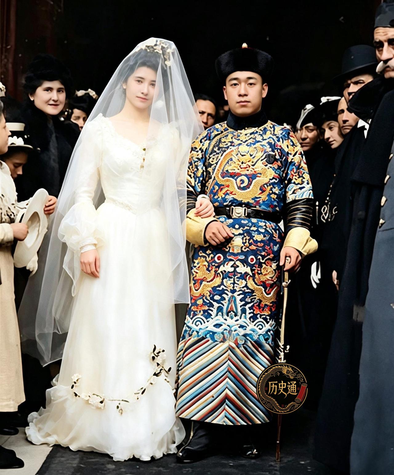 这是晚清一对典型的中国新郎与外国新娘喜结连理的例子。这对新人结婚时有多么高兴到后