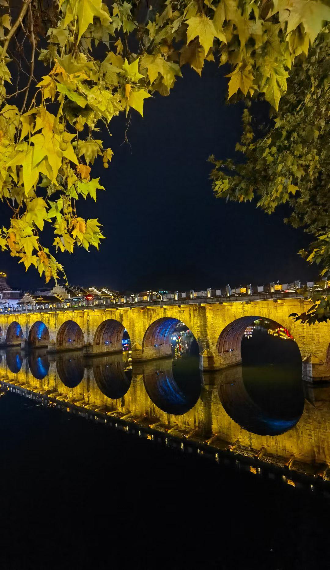 夜色把桥拱揉成满河月，秋枫悬在风里作灯盏。舞阳河的波心盛着古镇的暖，这一帧，是镇