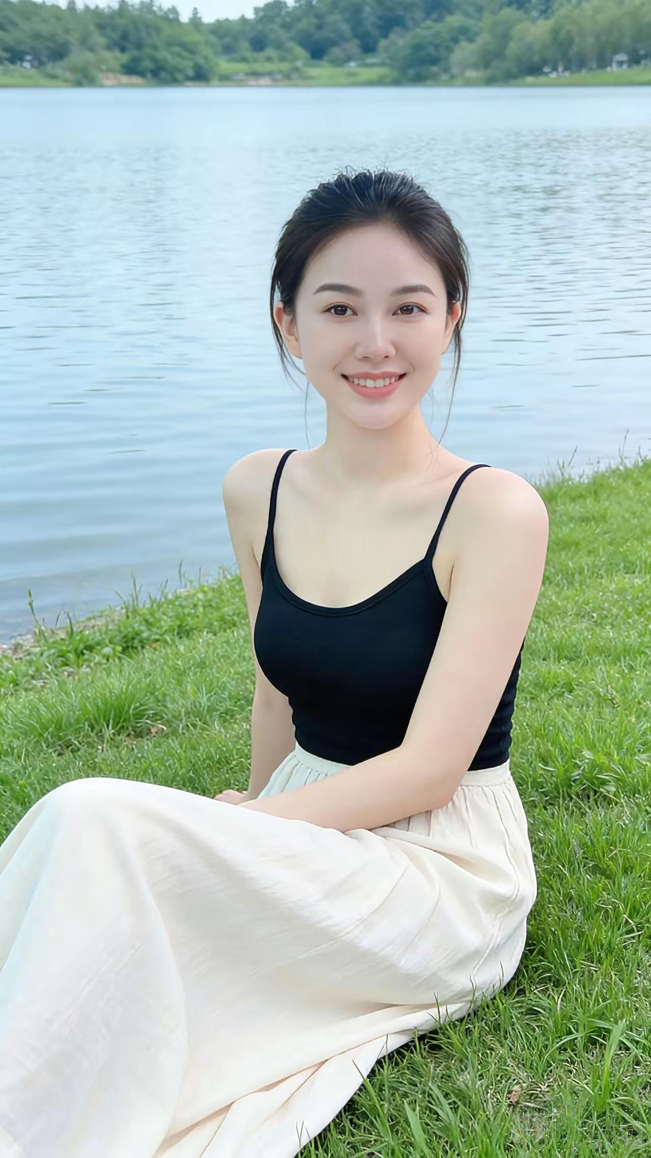 湖边少女，黑裙白裙，微笑如花，静享自然之美。